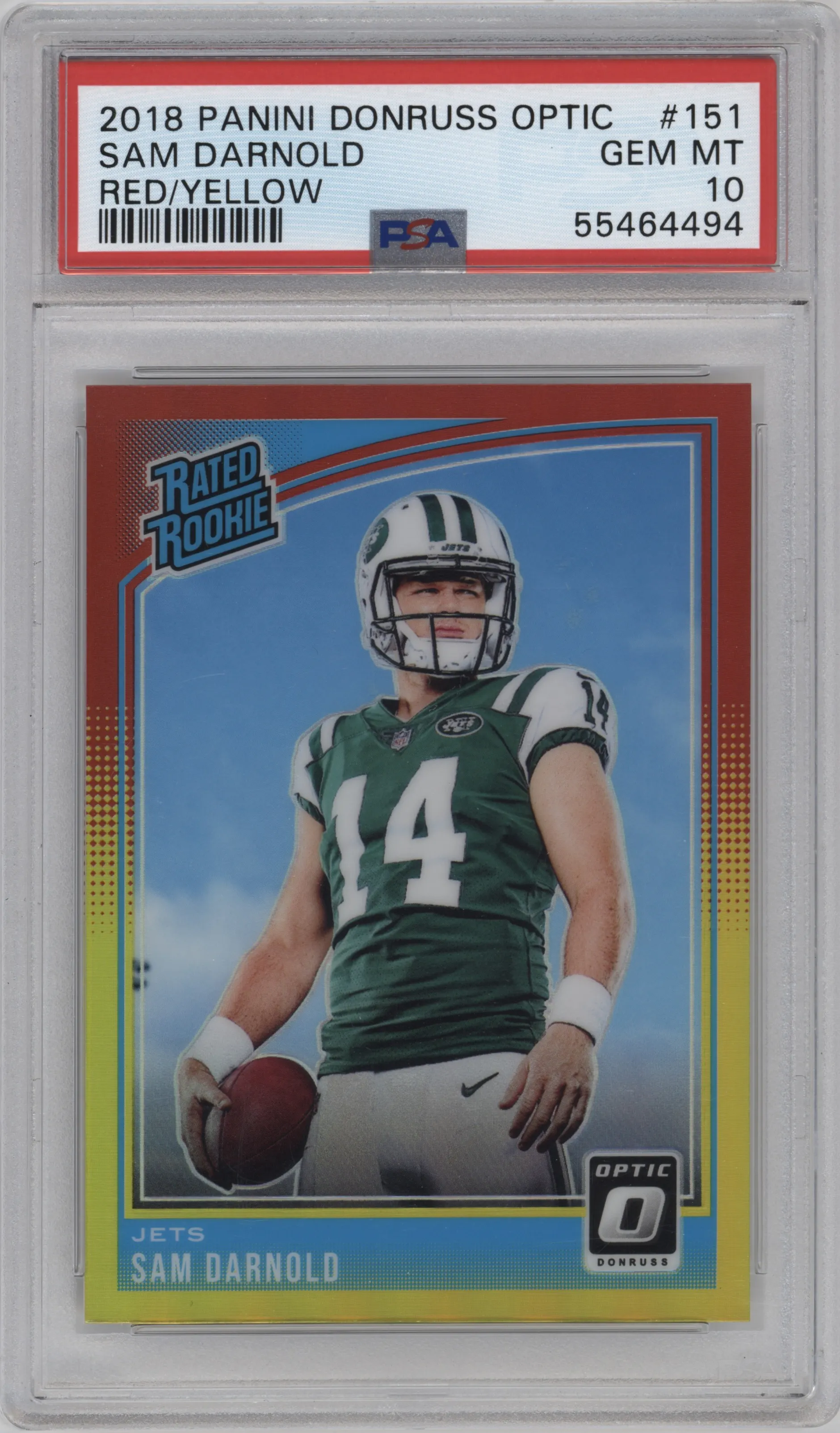2018 Panini Donruss Optic Rated Rookie Sam Darnold Red/Yellow PSA 10