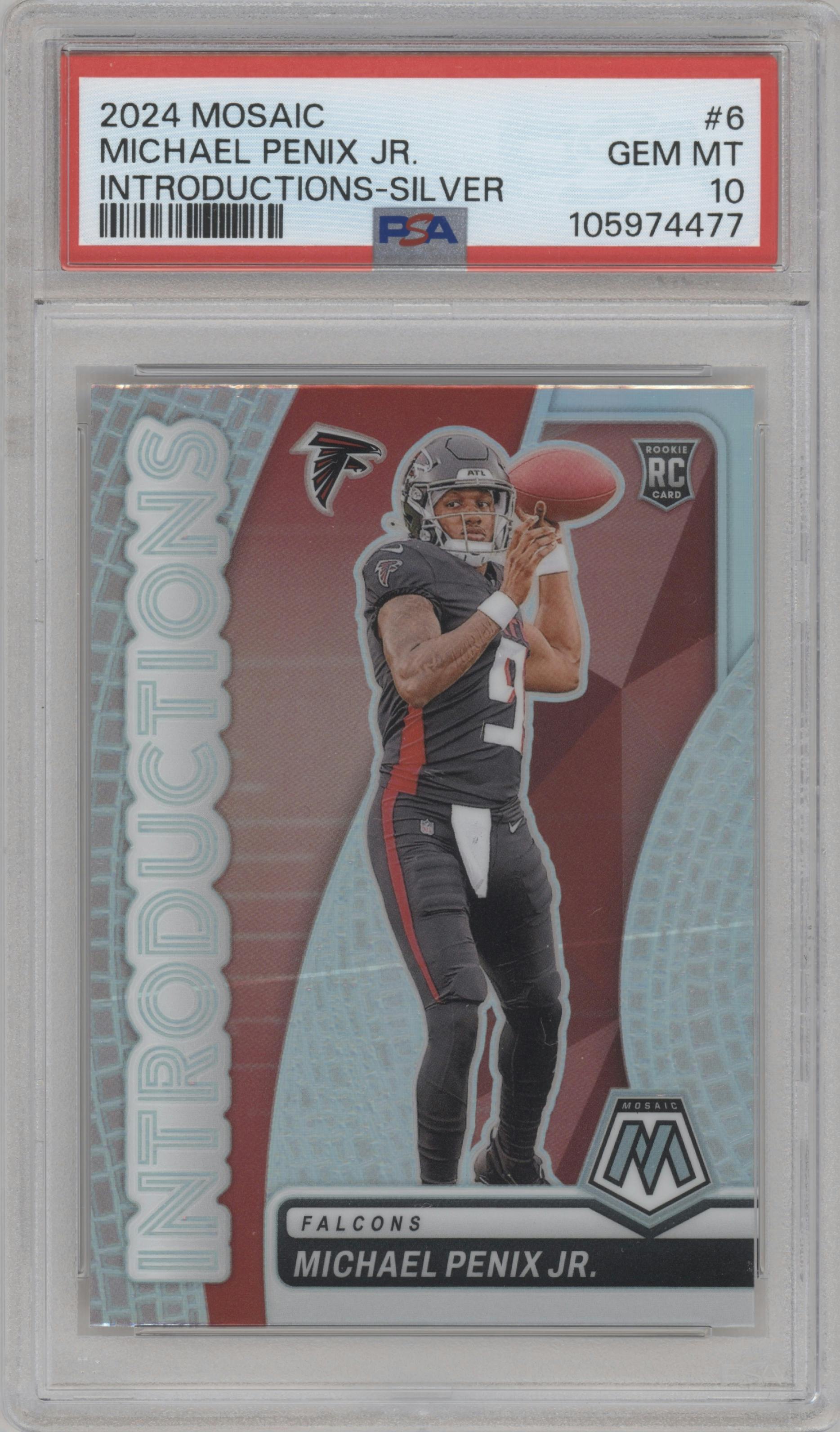 Michael Penix Jr. from the 2024 Panini Mosaic set featuring a Silver parallel graded by PSA and given an overall grade of 10.