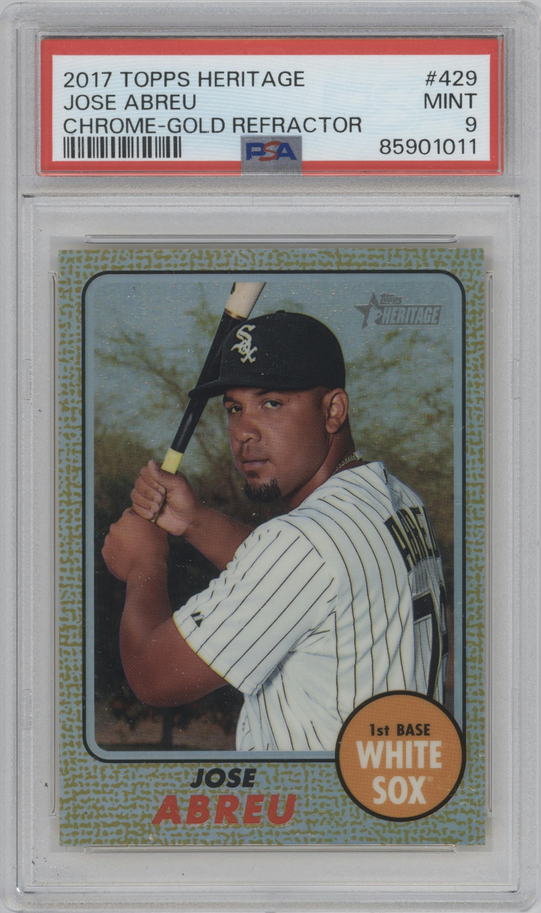 Jose Abreu from the 2017 Topps Heritage set featuring a Gold Ref. parallel graded by PSA and given an overall grade of 9.