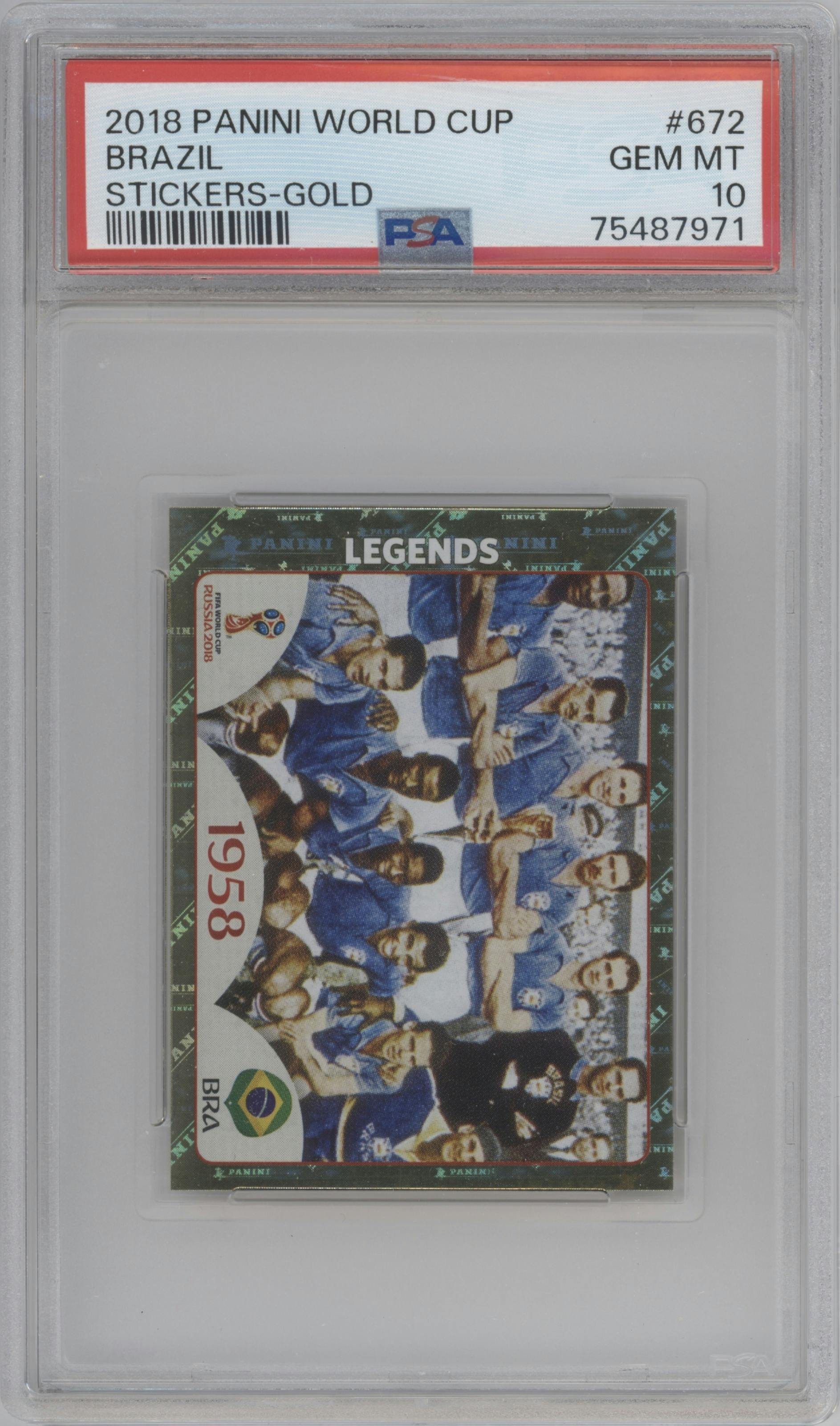 Brazil 1958 from the 2018 Panini World Cup Stickers Russia set graded by PSA and given an overall grade of 10.
