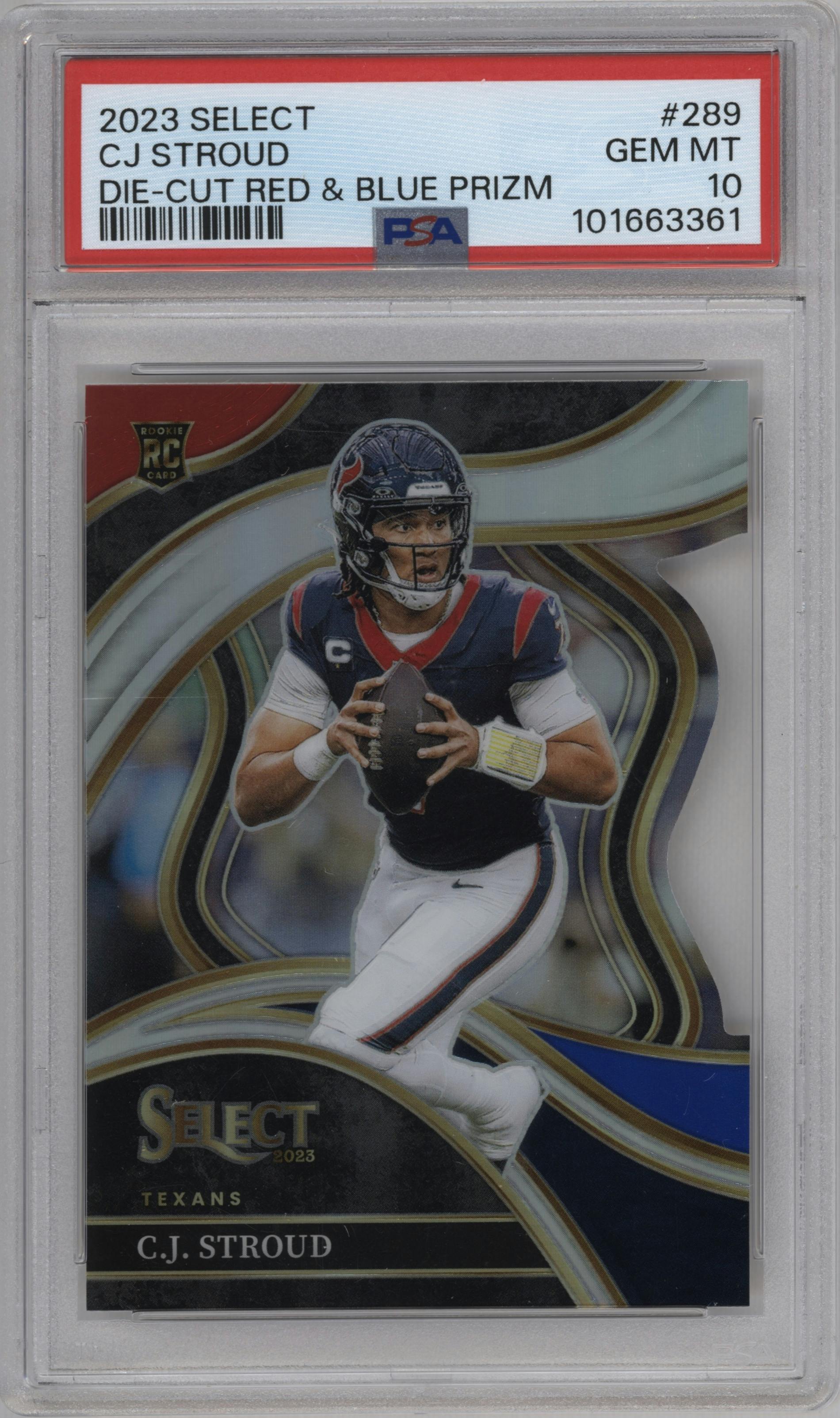 C.J. Stroud from the 2023 Panini Select set featuring a Die-Cut Red & Blue Prizm parallel graded by PSA and given an overall grade of 10.
