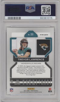 Trevor Lawrence from the 2021 Panini Prizm set featuring a Lazer parallel graded by PSA and given an overall grade of 10.