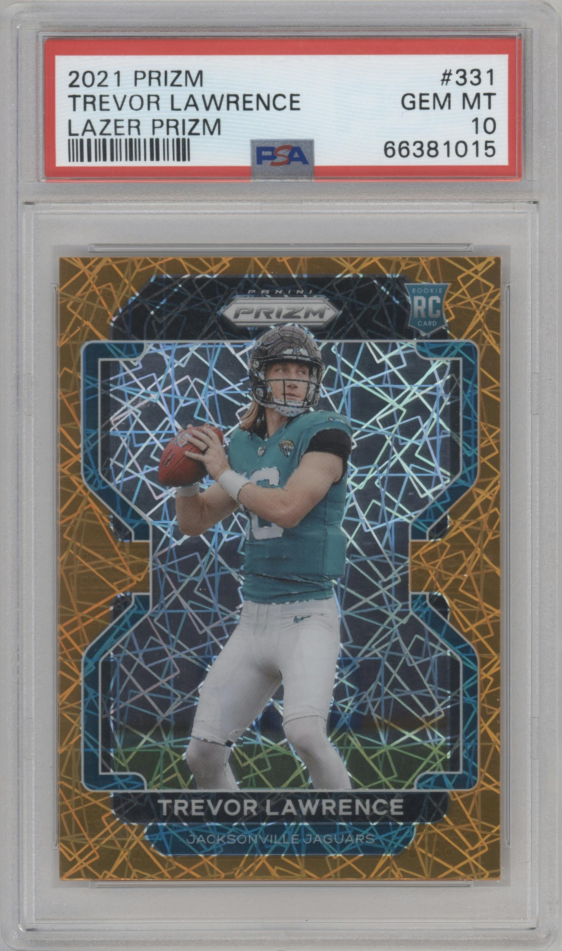 Trevor Lawrence from the 2021 Panini Prizm set featuring a Lazer parallel graded by PSA and given an overall grade of 10.