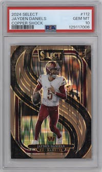 Jayden Daniels  from the 2024 Panini Select set featuring a Copper Prizm Shock parallel graded by PSA and given an overall grade of 10.