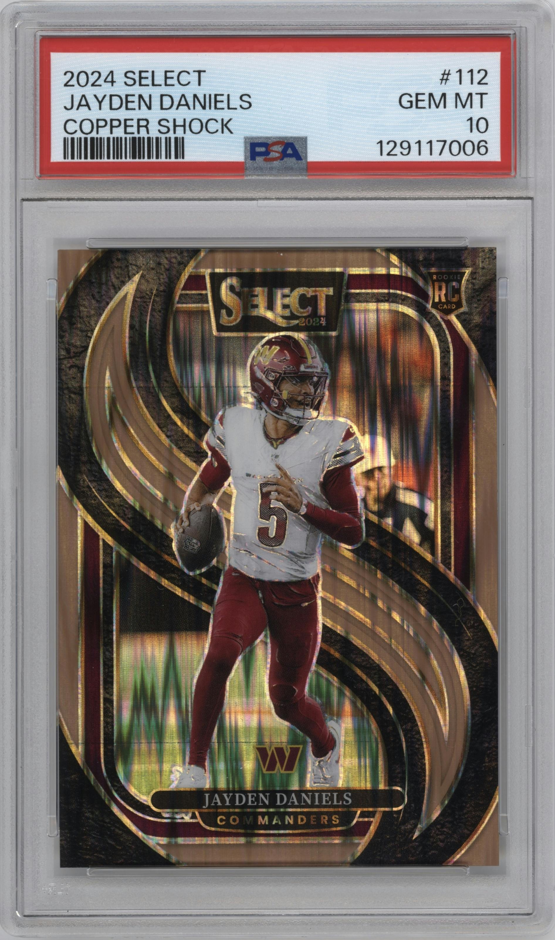 Jayden Daniels  from the 2024 Panini Select set featuring a Copper Prizm Shock parallel graded by PSA and given an overall grade of 10.