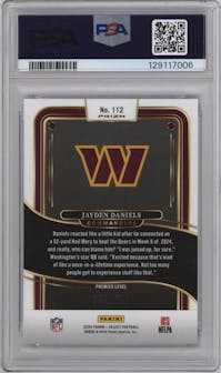 Jayden Daniels  from the 2024 Panini Select set featuring a Copper Prizm Shock parallel graded by PSA and given an overall grade of 10.