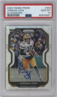 Jordan Love from the 2020 Panini Prizm set graded by PSA and given an overall grade of 10.
