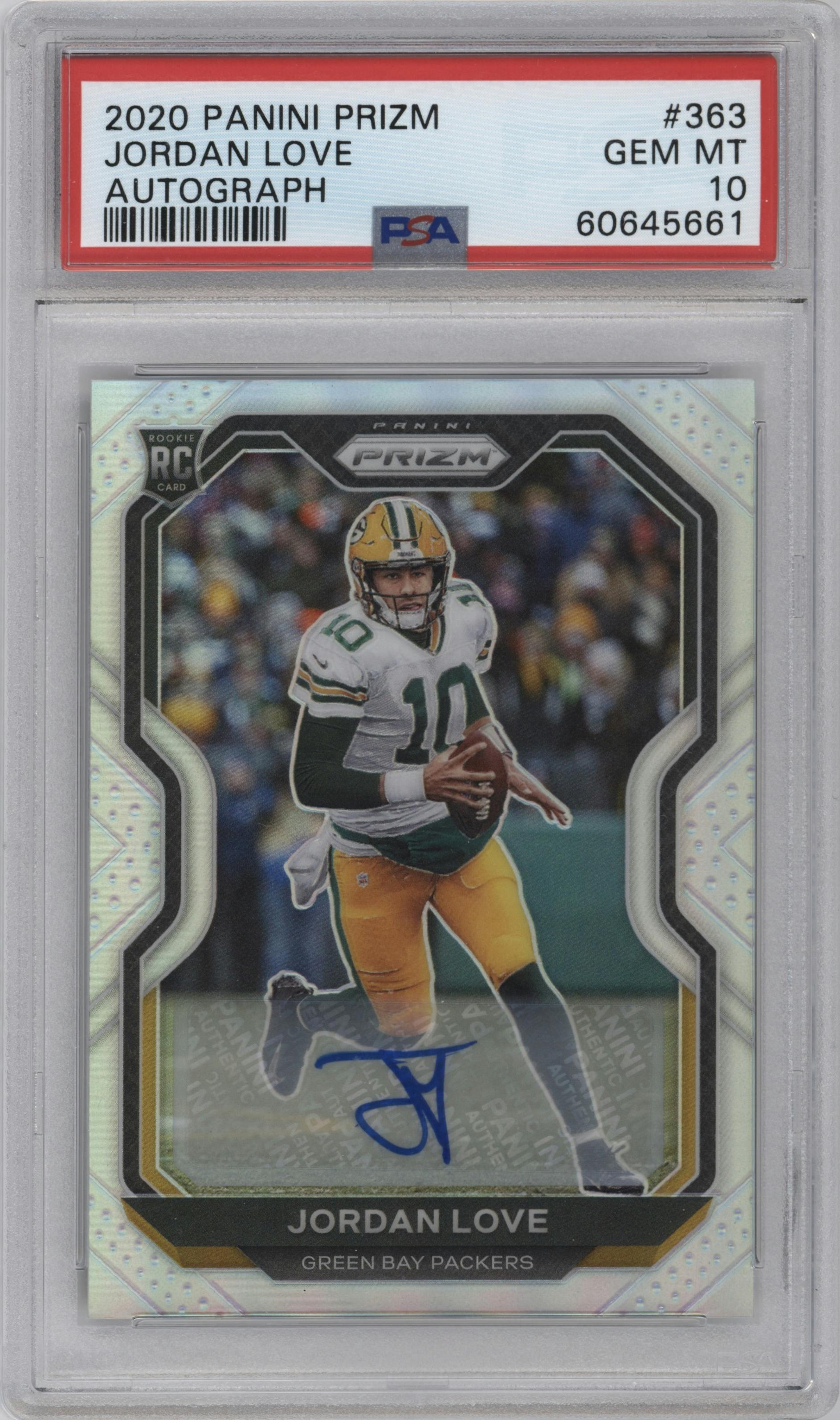 Jordan Love from the 2020 Panini Prizm set graded by PSA and given an overall grade of 10.