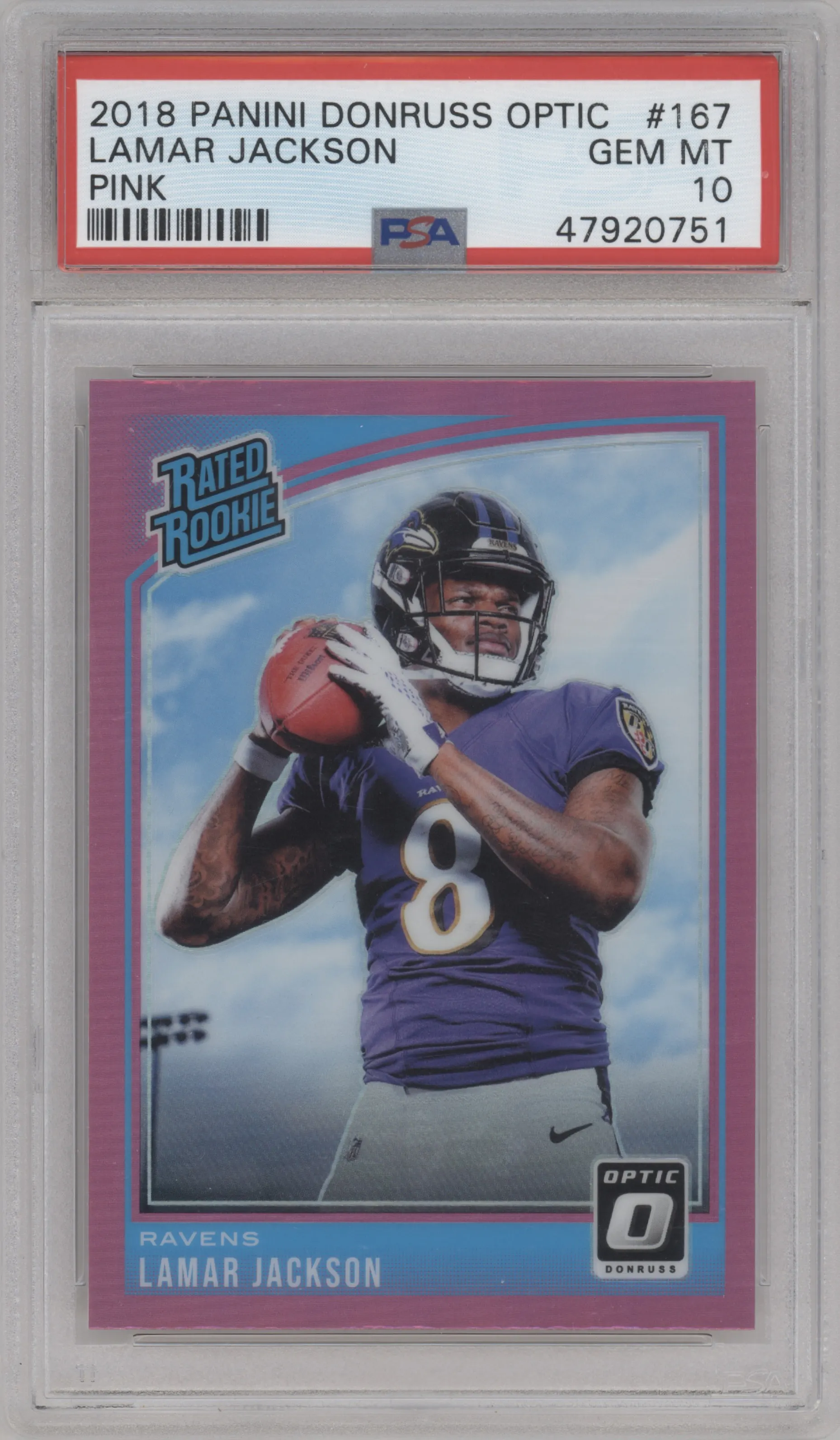 Lamar Jackson from the 2018 Panini Donruss Optic set featuring a Pink  parallel graded by PSA and given an overall grade of 10.