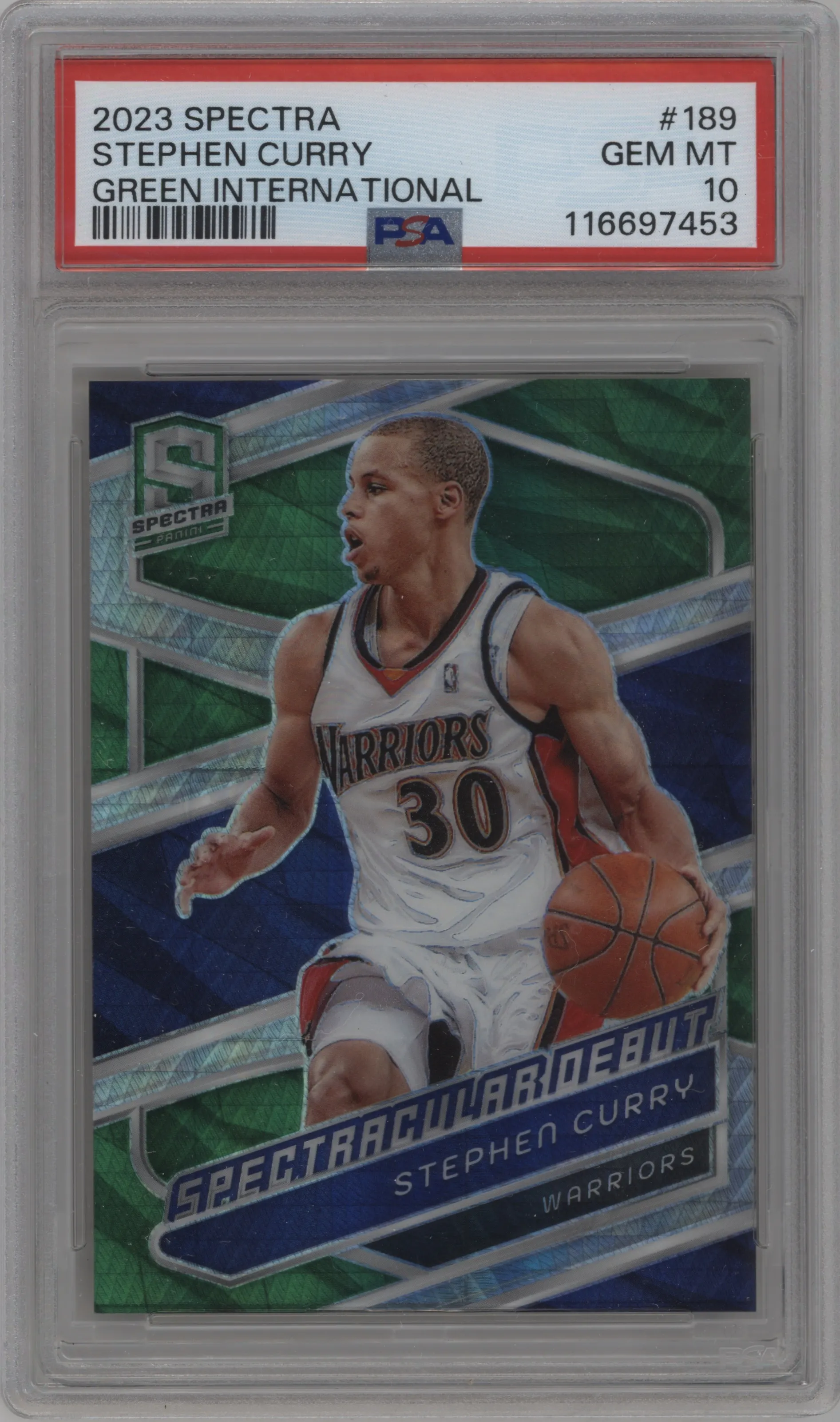 2023 Panini Spectra Spectacular Debut Stephen Curry Green International PSA 10