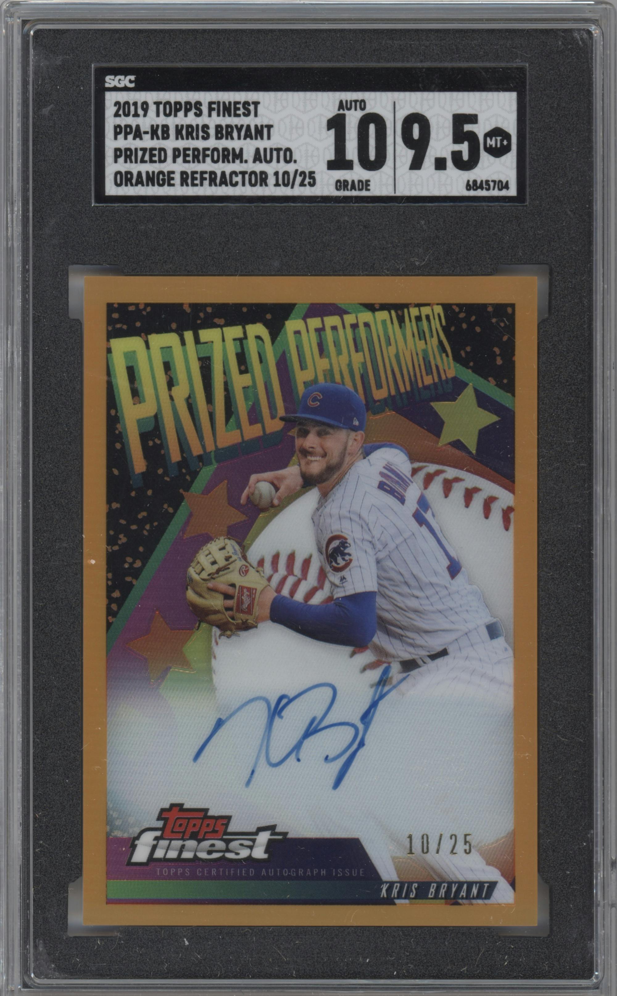 Kris Bryant from the 2019 Topps Finest  set featuring a Orange Refractor parallel graded by SGC and given an overall grade of 9.5.