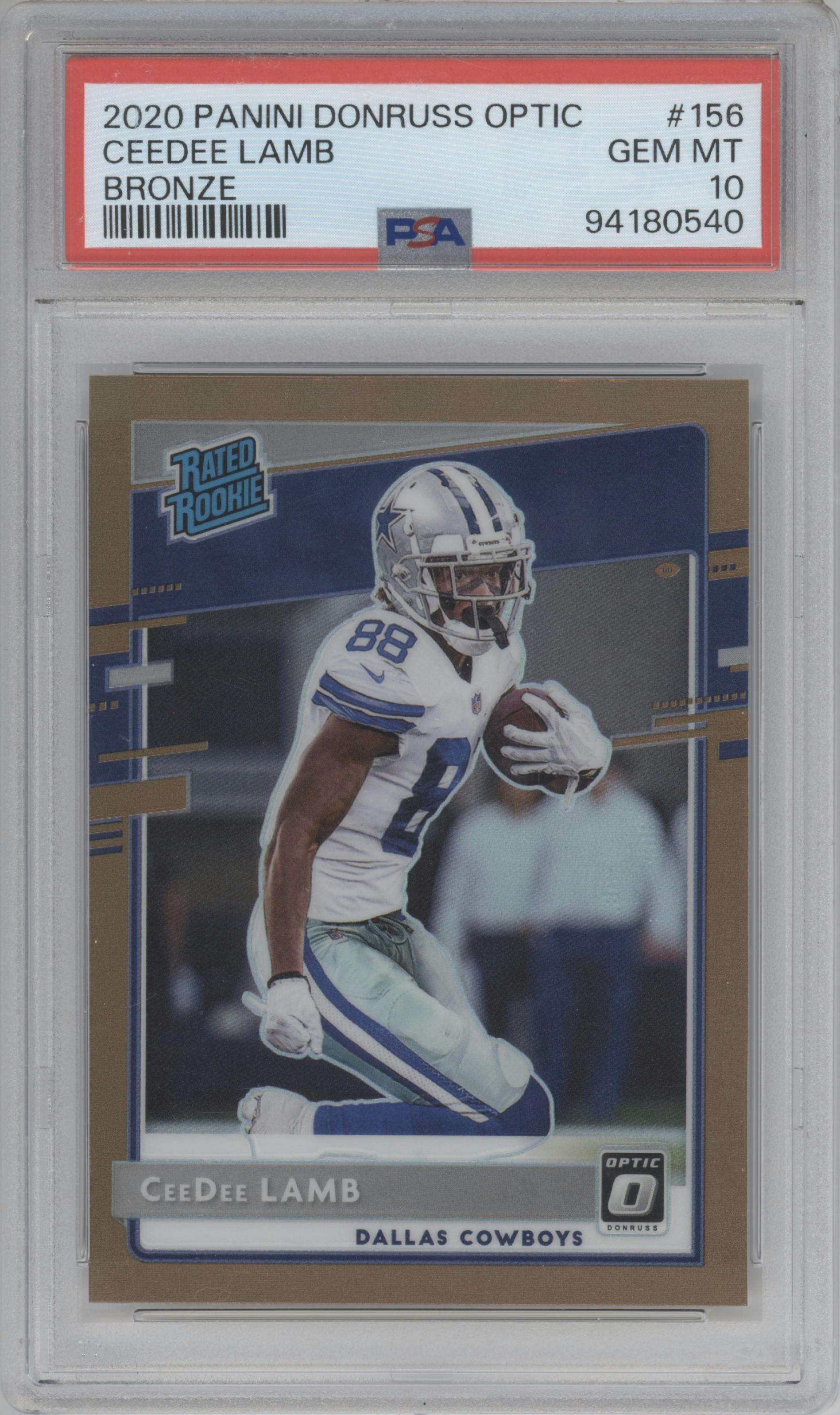 CeeDee Lamb from the 2020 Panini Donruss Optic set featuring a Bronze parallel graded by PSA and given an overall grade of 10.