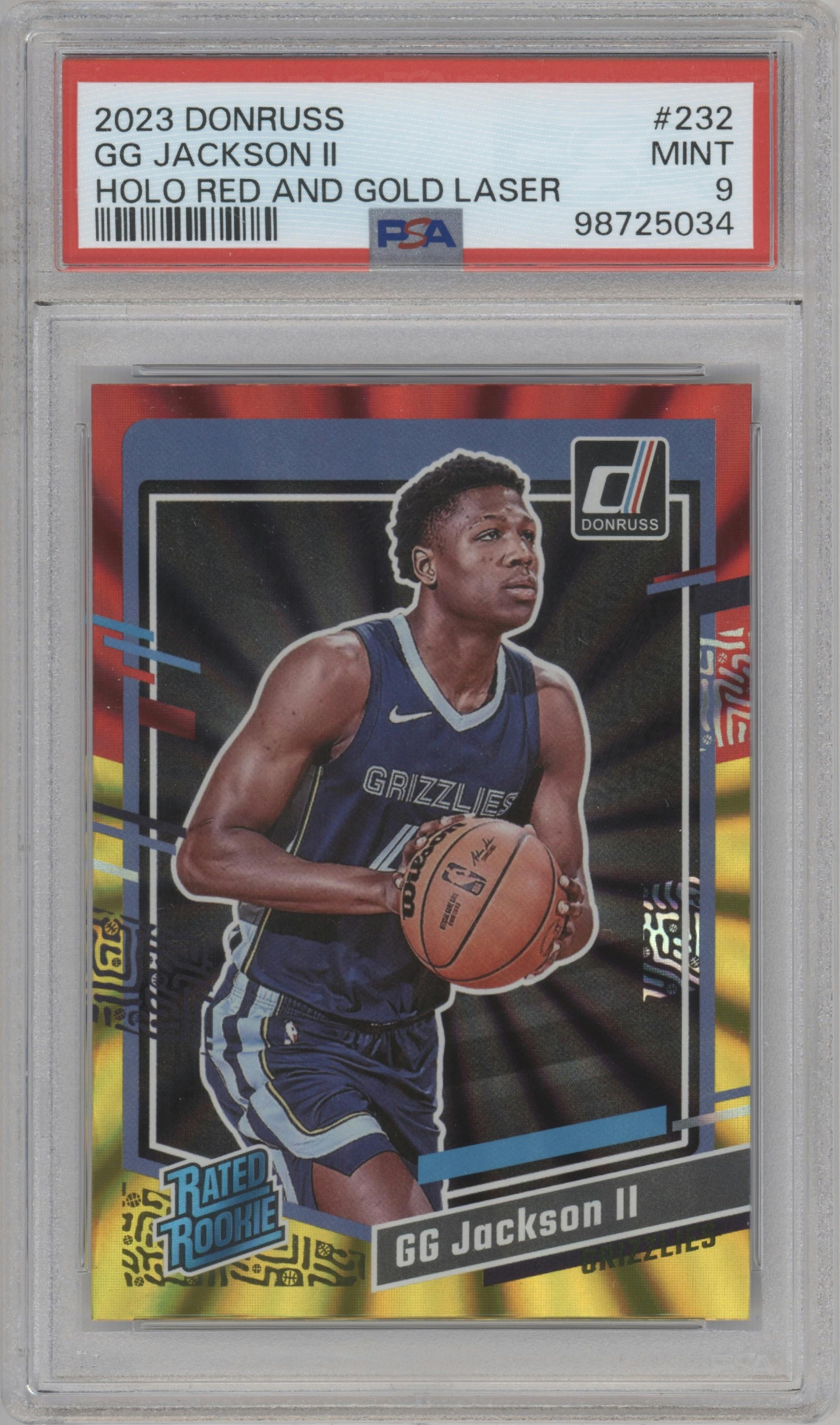 GG Jackson II from the 2023-24 Panini Donruss set featuring a Red and Gold Holo Laser parallel graded by PSA and given an overall grade of 9.