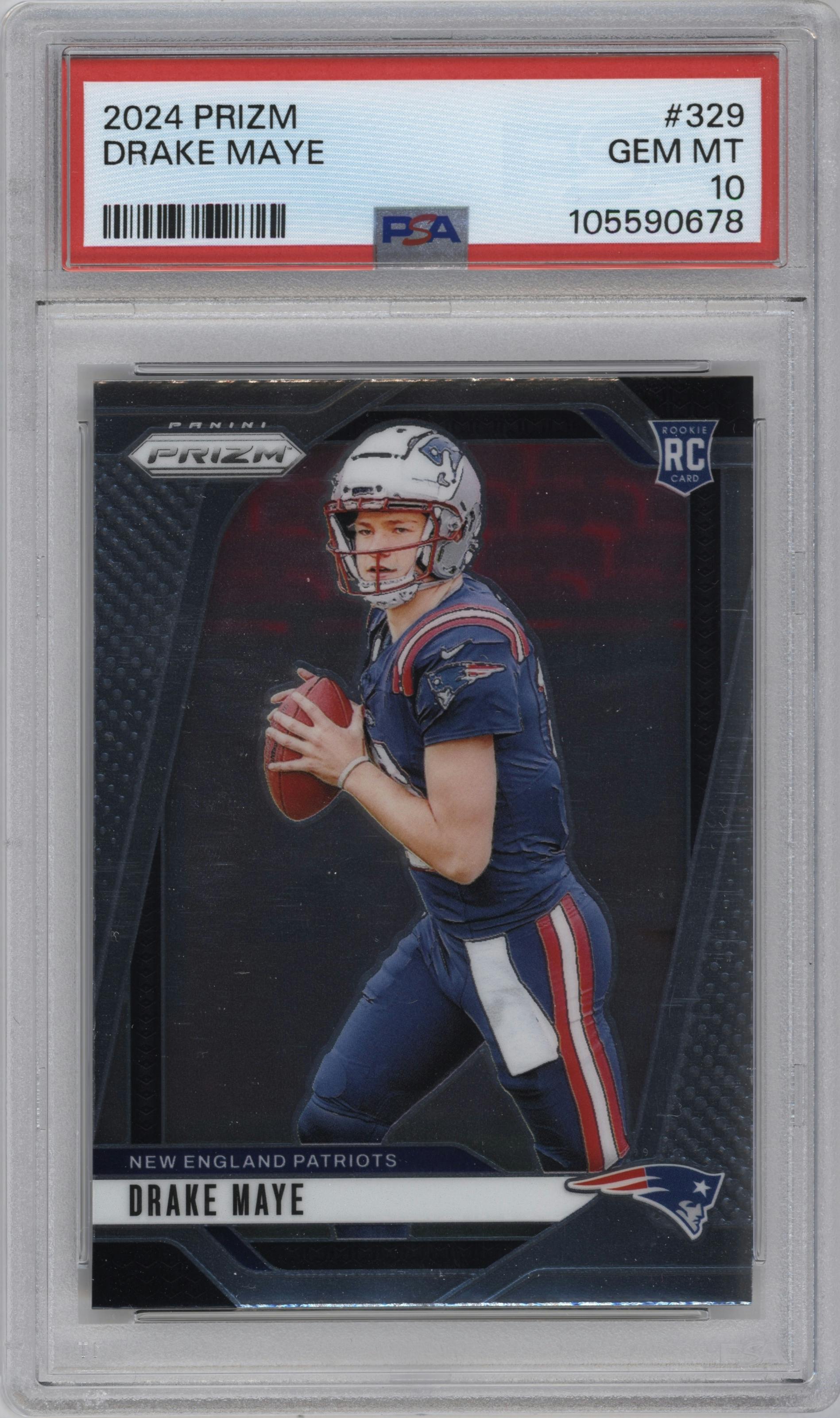 Drake Maye from the 2024 Panini Prizm set graded by PSA and given an overall grade of 10.