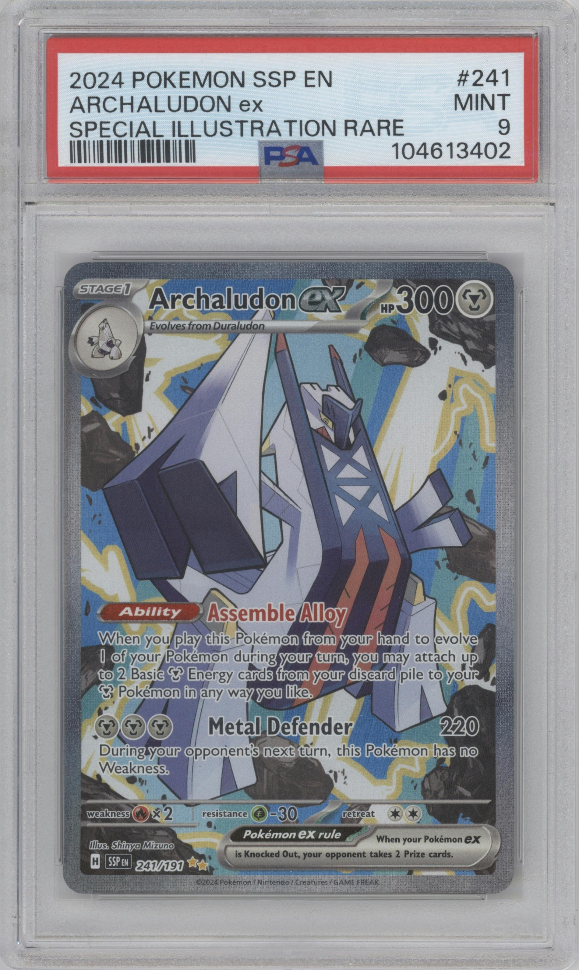Archaludon ex from the 2024 Pokemon SV set graded by PSA and given an overall grade of 9.