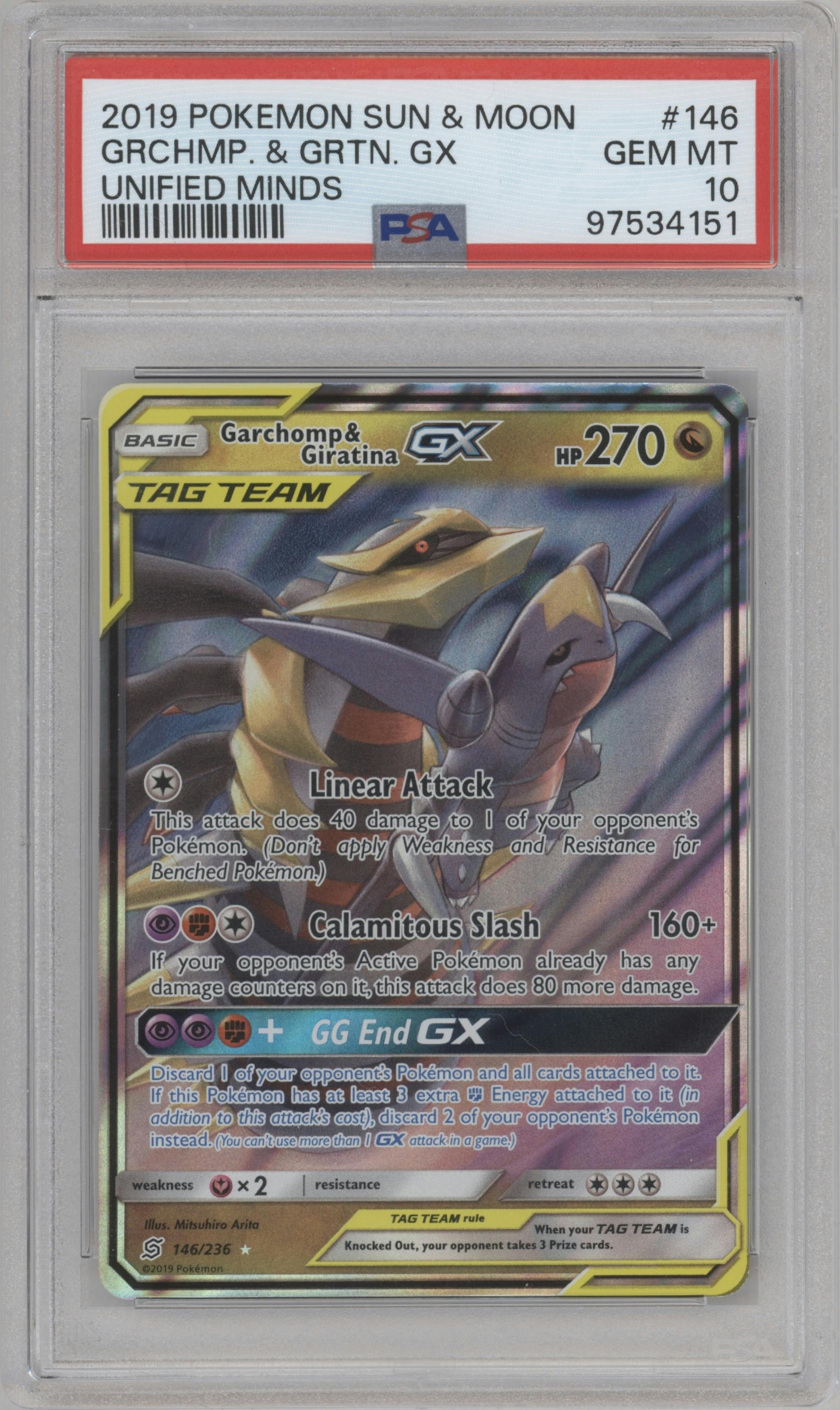 Garchomp/Giratina GX from the 2019 Pokemon S&M  set graded by PSA and given an overall grade of 10.