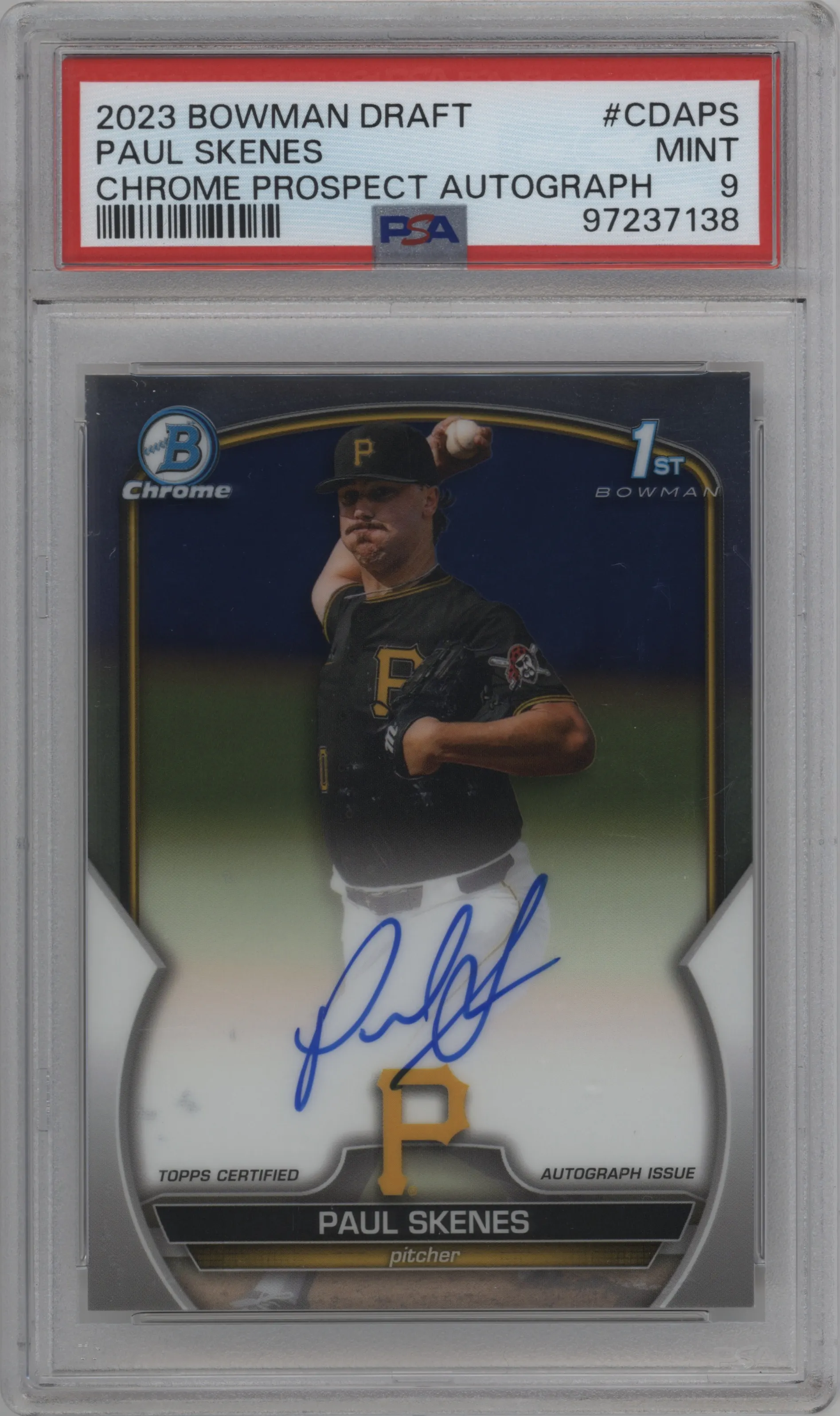 Paul Skenes from the 2023 Bowman Draft set graded by PSA and given an overall grade of 9.