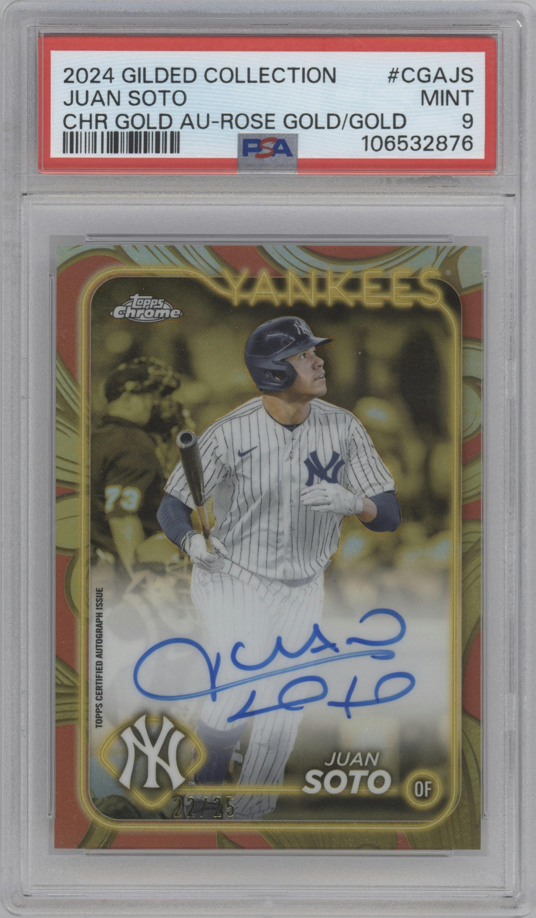 Juan Soto from the 2024 Topps Gilded Collection set featuring a Rose Gold/Gold parallel graded by PSA and given an overall grade of 9.