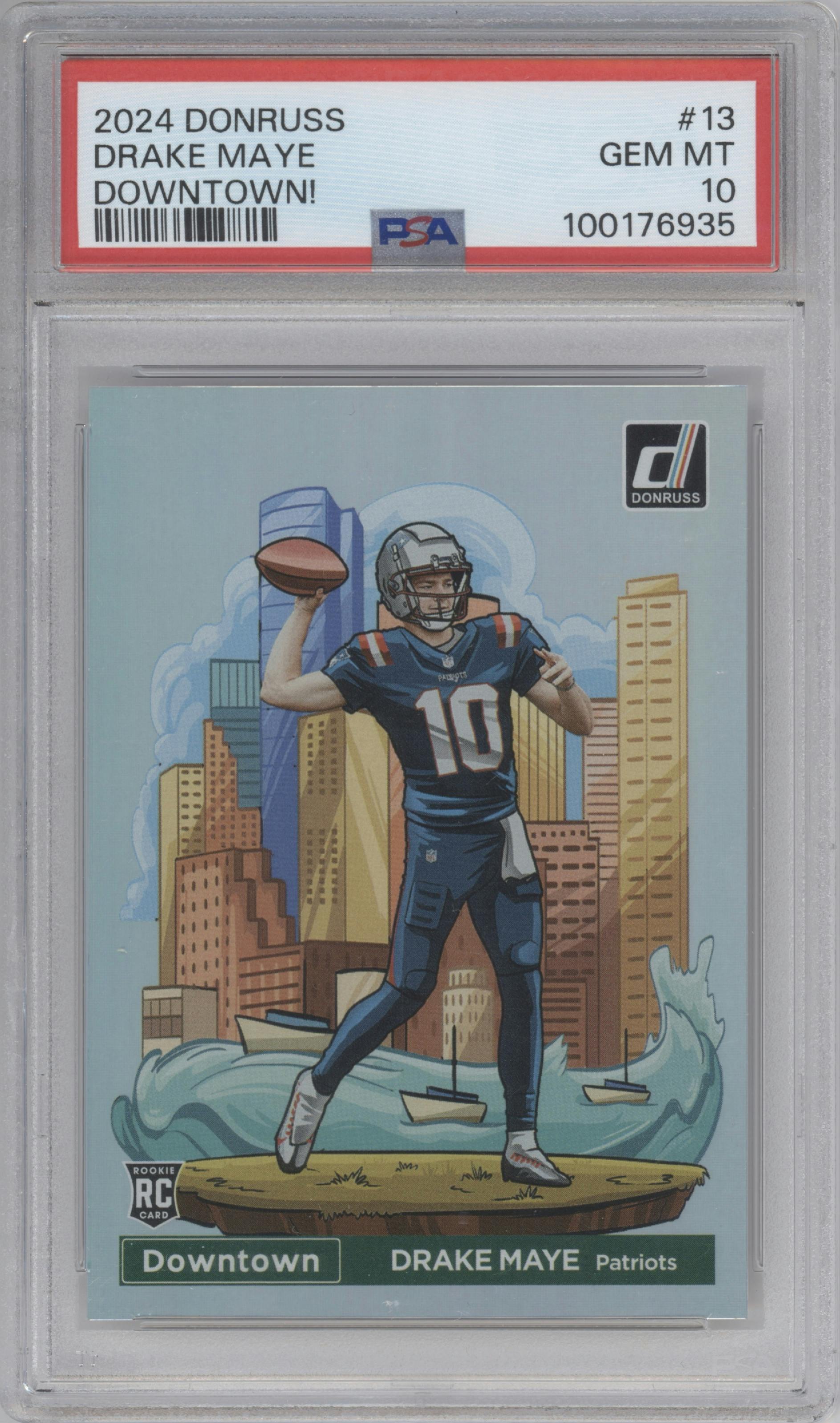 Drake Maye from the 2024 Donruss set graded by PSA and given an overall grade of 10.