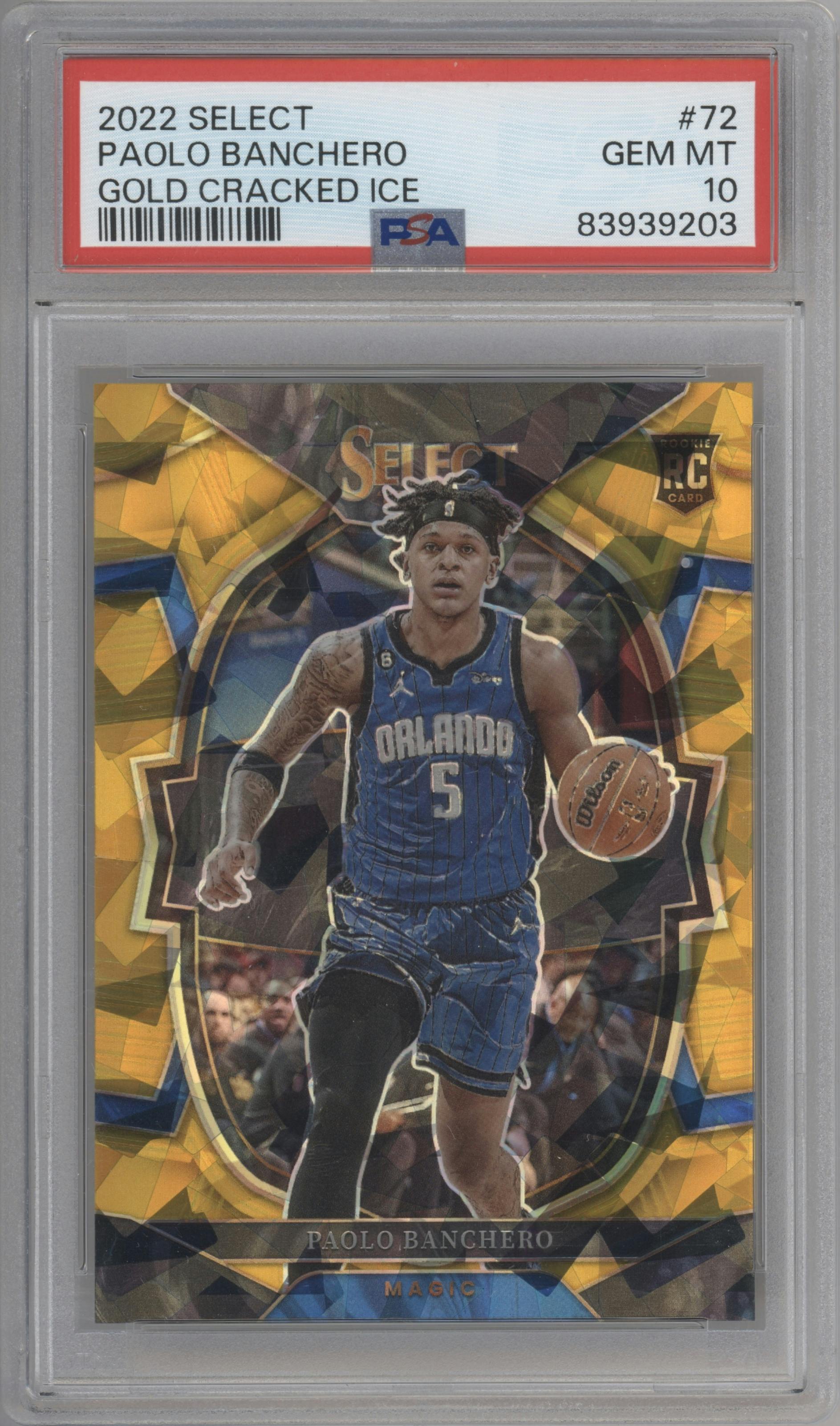 Paolo Banchero from the 2022-23 Panini Select set featuring a Gold Cracked Ice parallel graded by PSA and given an overall grade of 10.