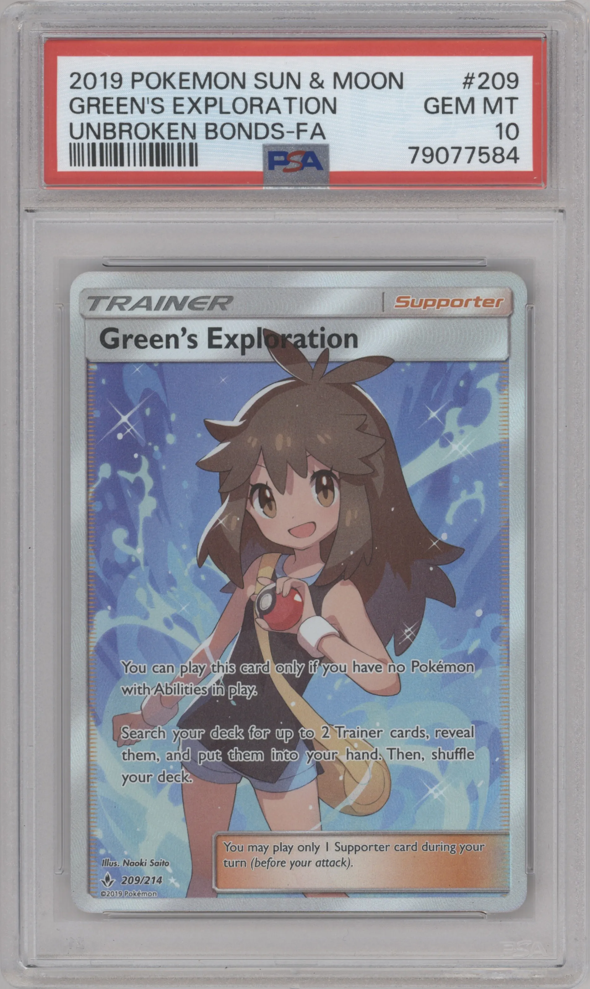Green's Exploration from the 2019 Pokemon S&M  set graded by PSA and given an overall grade of 10.