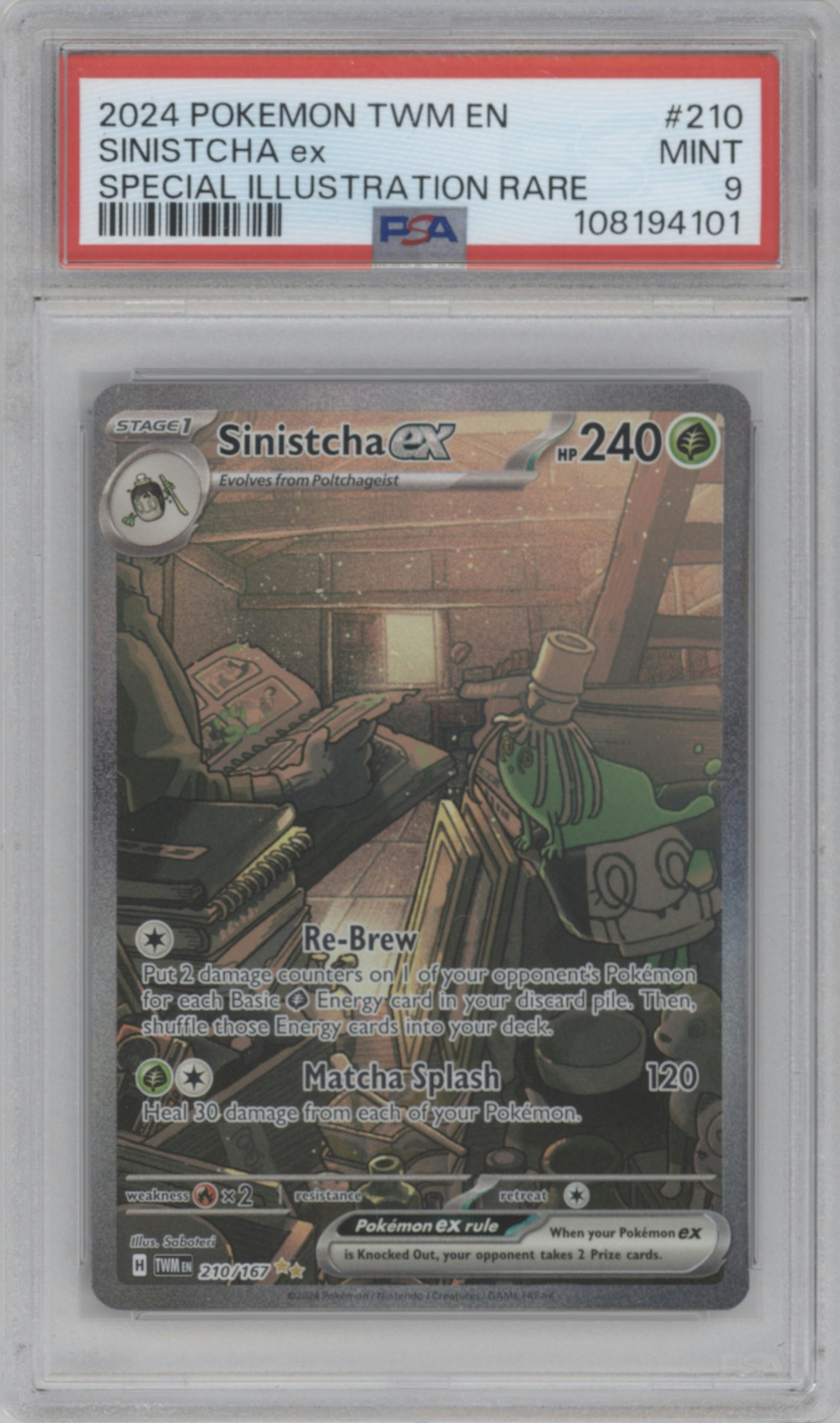 Sinistcha ex from the 2024 Pokemon SV set graded by PSA and given an overall grade of 9.