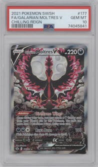 Galarian Moltres V from the 2021 Pokemon SWSH set graded by PSA and given an overall grade of 10.