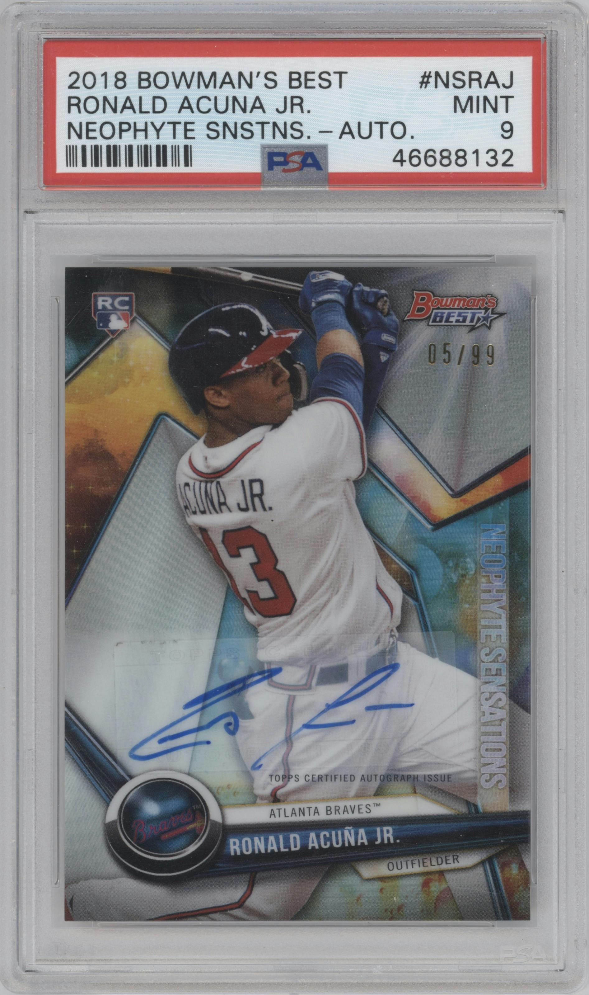 Ronald Acuna Jr. from the 2018 Bowman’s Best set graded by PSA and given an overall grade of 9.