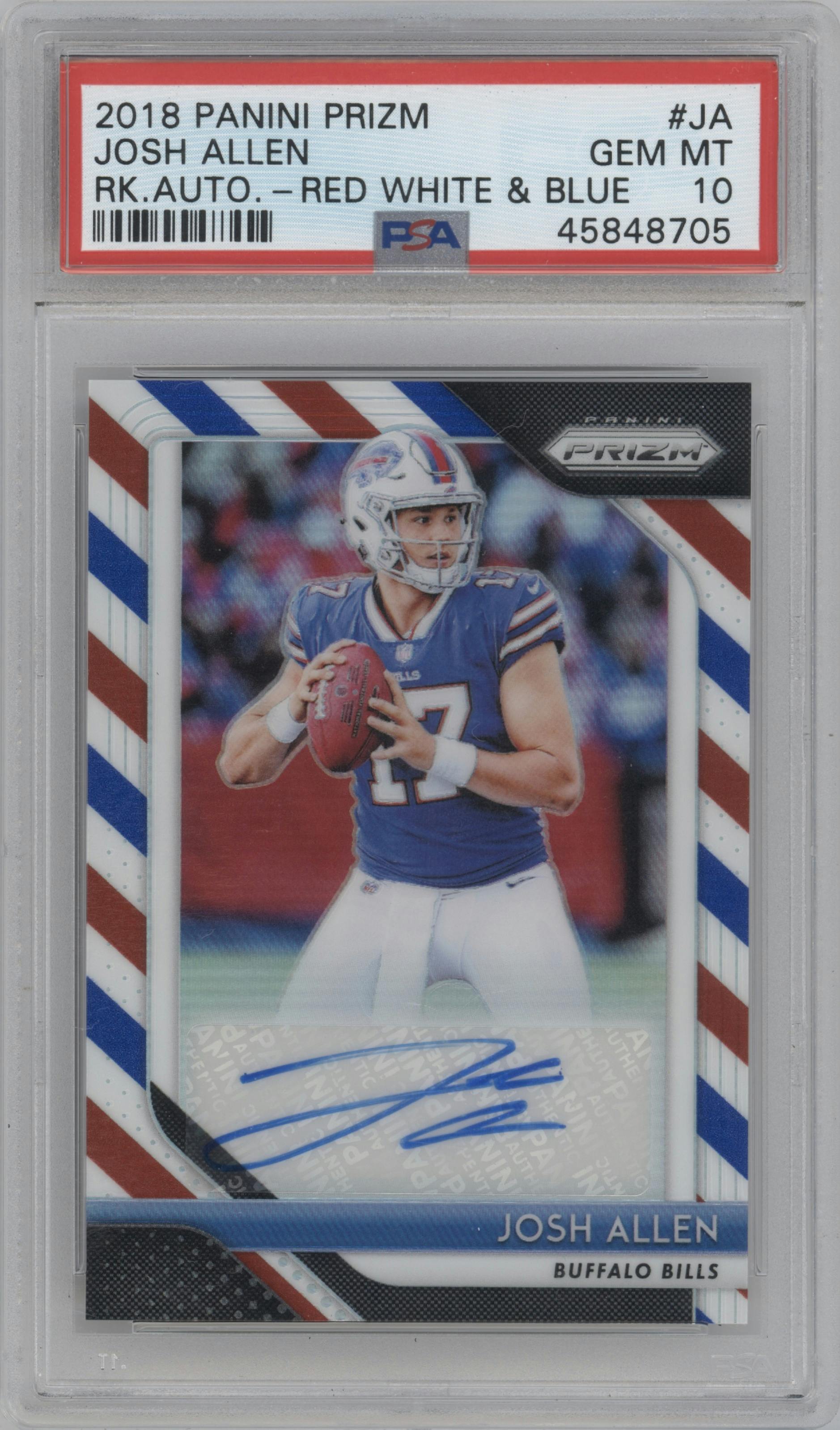 Josh Allen from the 2018 Panini Prizm set featuring a Red/White/Blue Prizm  parallel graded by PSA and given an overall grade of 10.