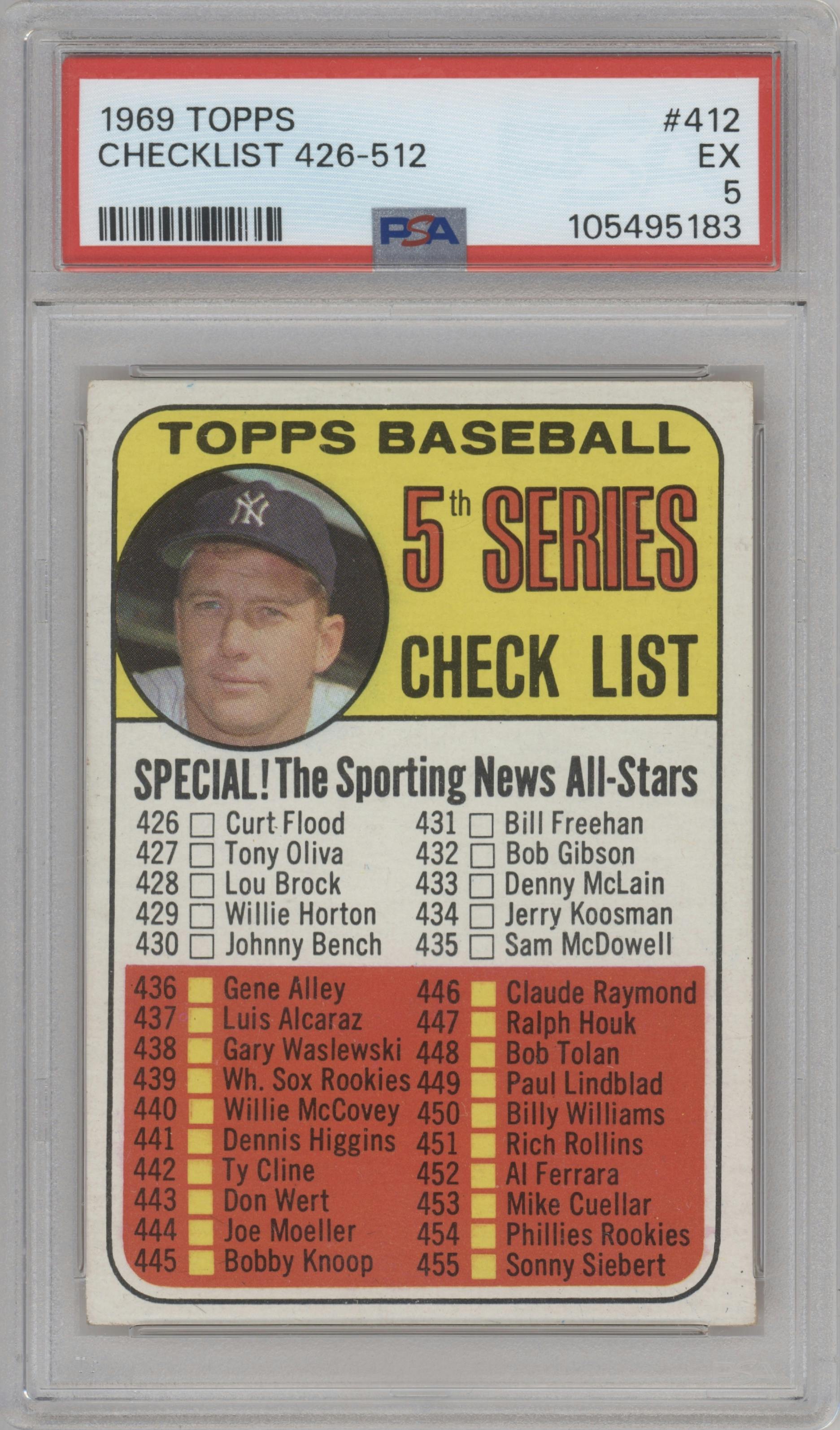 Mickey Mantle from the 1969 Topps set graded by PSA and given an overall grade of 5.
