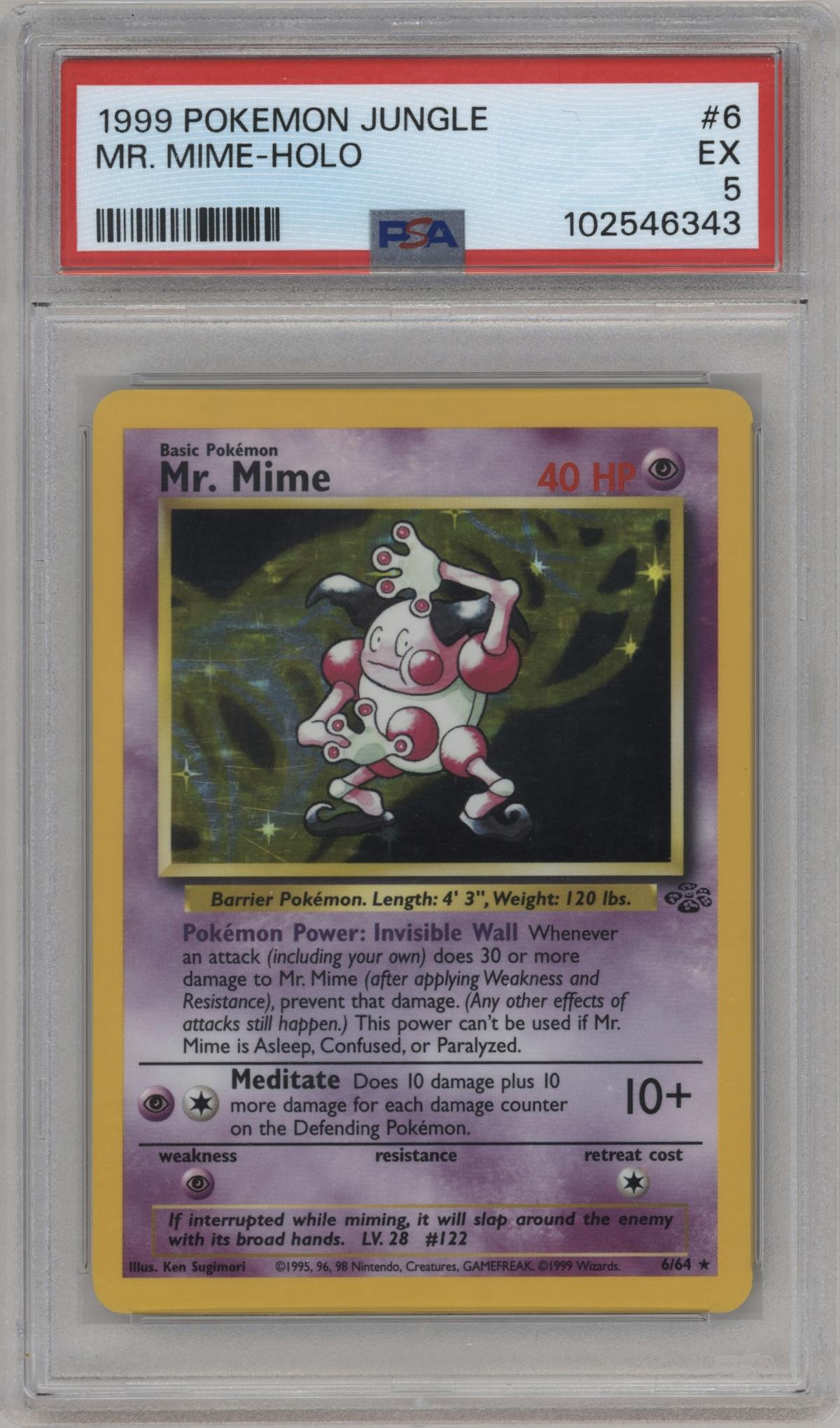 Mr. Mime from the 1999 Pokemon set graded by PSA and given an overall grade of 5.