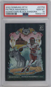 Patrick Mahomes II from the 2022 Panini Donruss Optic set featuring a Black Pandora parallel graded by PSA and given an overall grade of 10.