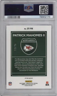 Patrick Mahomes II from the 2022 Panini Donruss Optic set featuring a Black Pandora parallel graded by PSA and given an overall grade of 10.