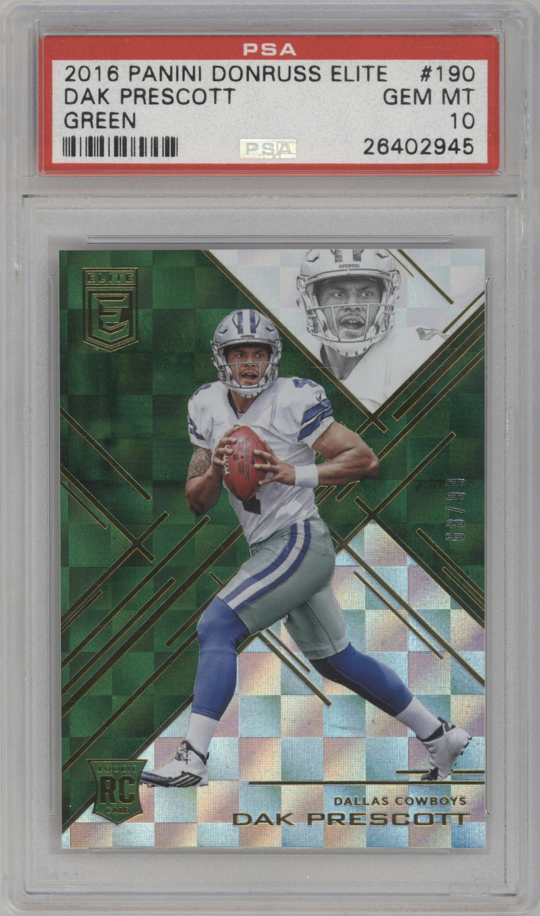 Dak Prescott from the 2016 Panini Donruss Elite set featuring a Green parallel graded by PSA and given an overall grade of 10.