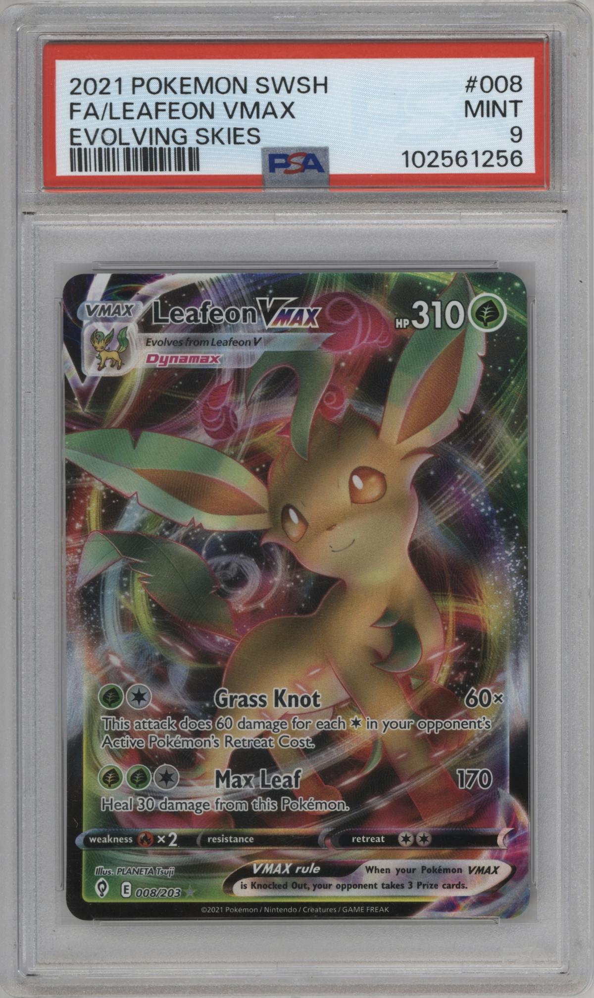 Leafeon VMAX from the 2021 Pokemon SWSH set graded by PSA and given an overall grade of 9.