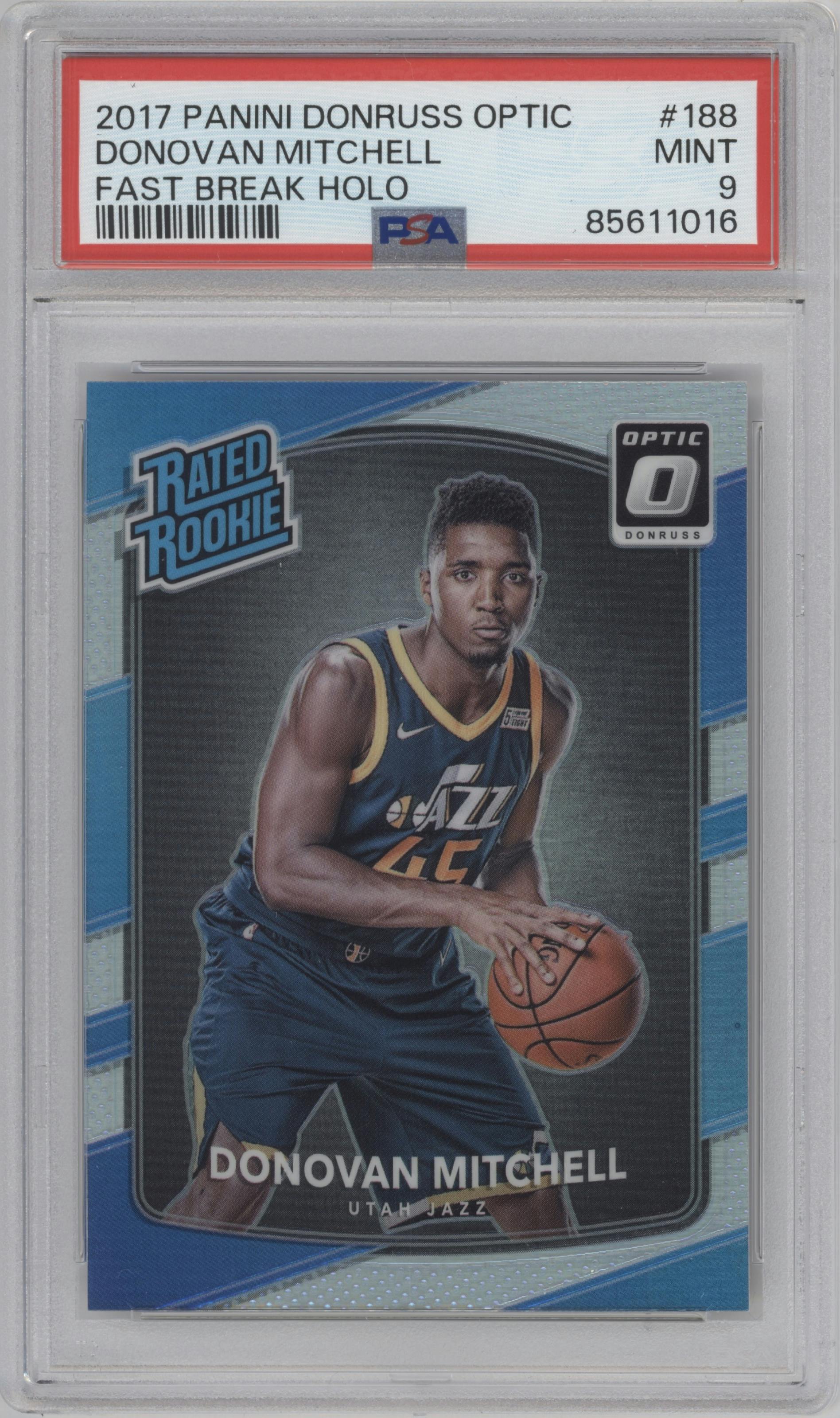 Donovan Mitchell from the 2017-18 Panini Donruss Optic set featuring a Holo parallel graded by PSA and given an overall grade of 9.