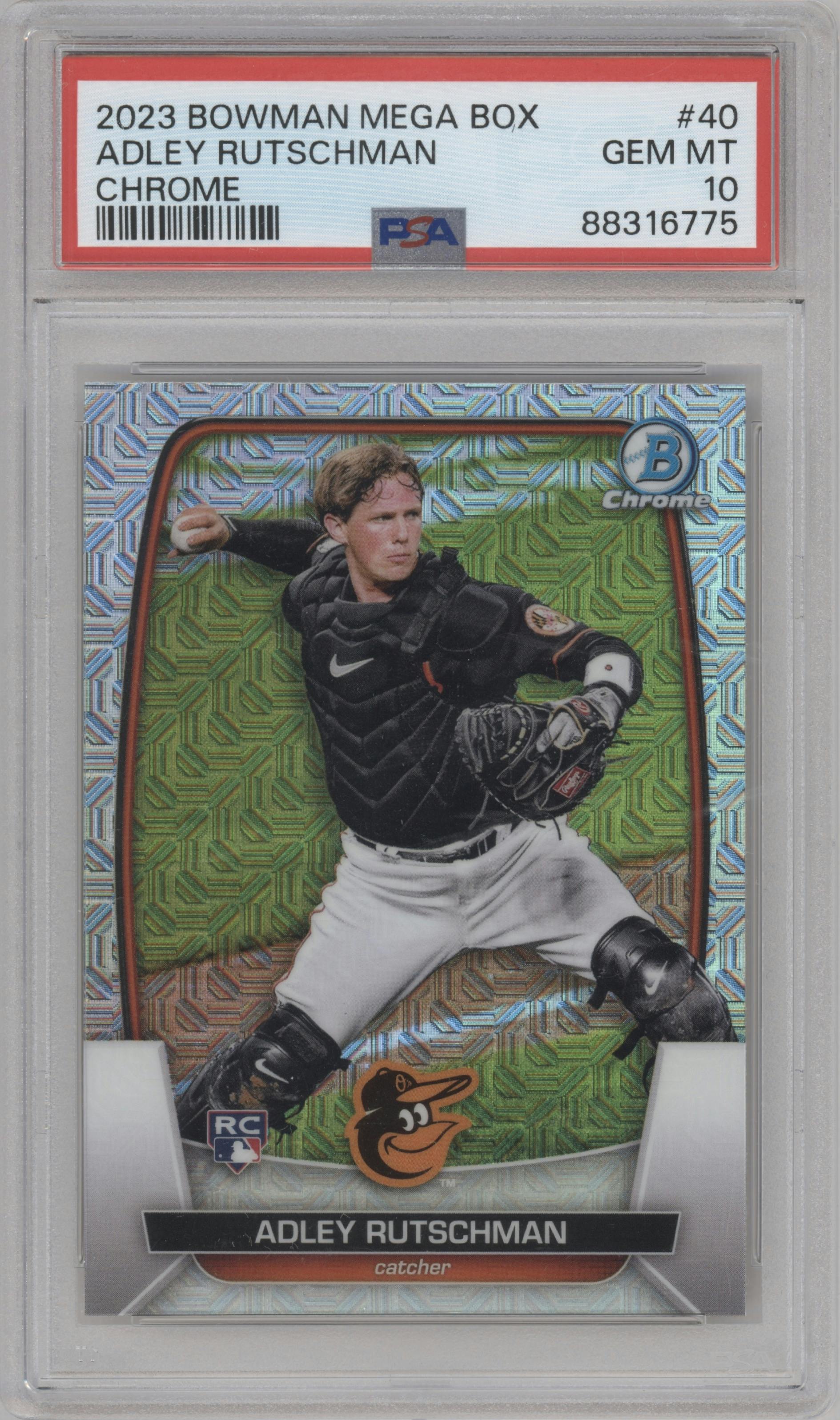 Adley Rutschman from the 2023 Bowman Mega Box set graded by PSA and given an overall grade of 10.