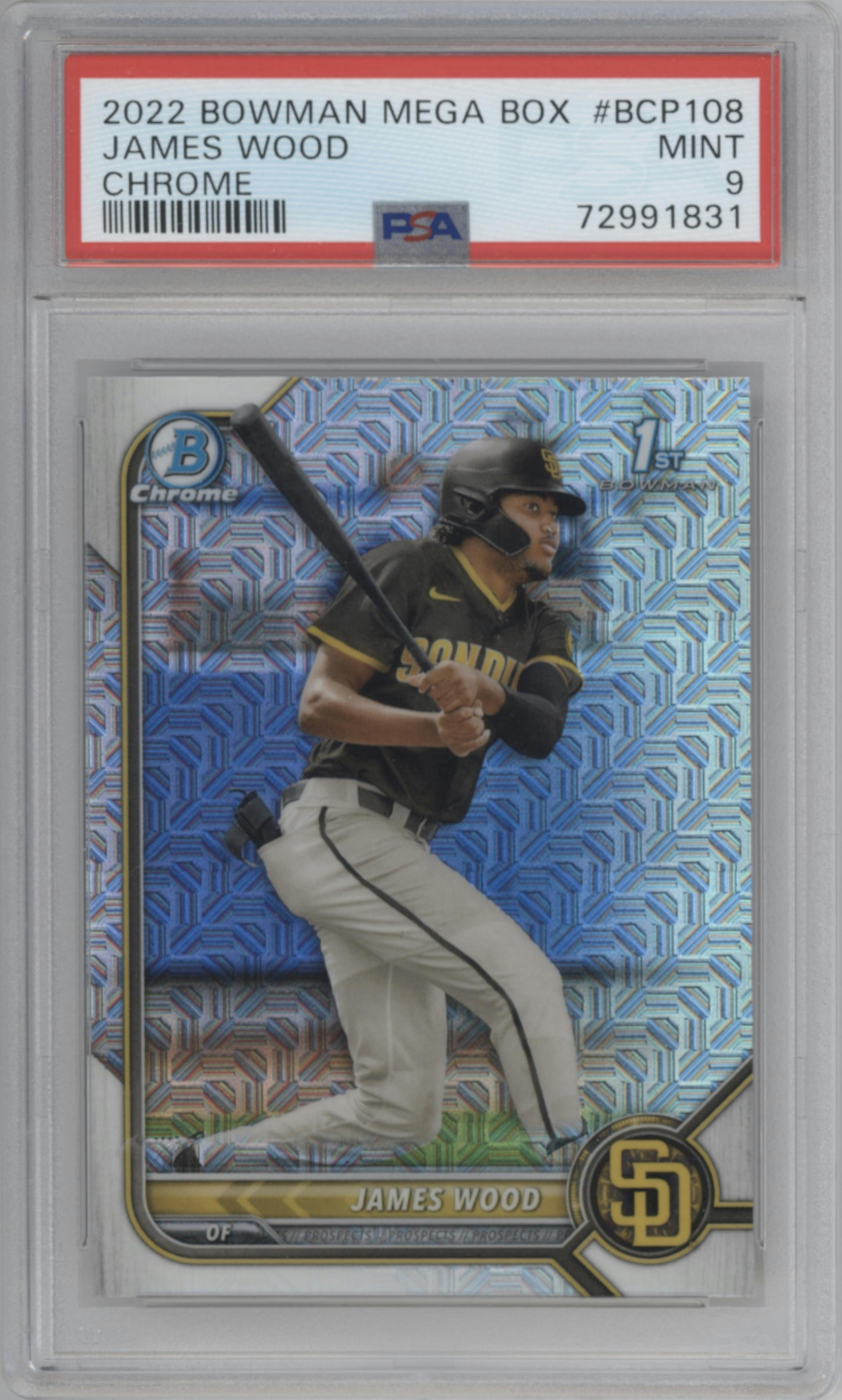 James Wood from the 2022 Bowman Mega Box set graded by PSA and given an overall grade of 9.