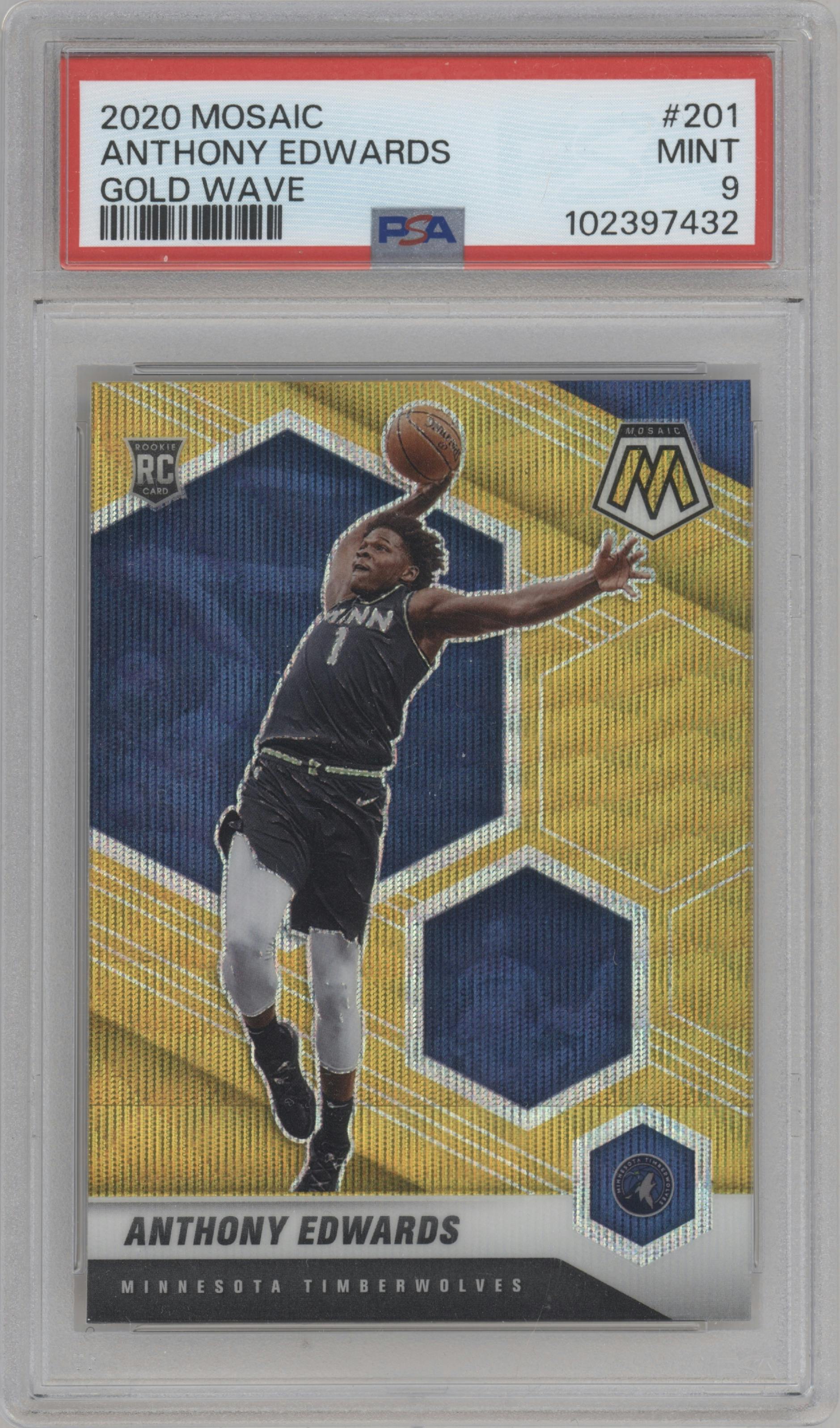 Anthony Edwards from the 2020-21 Panini Mosaic set featuring a Gold Wave parallel graded by PSA and given an overall grade of 9.