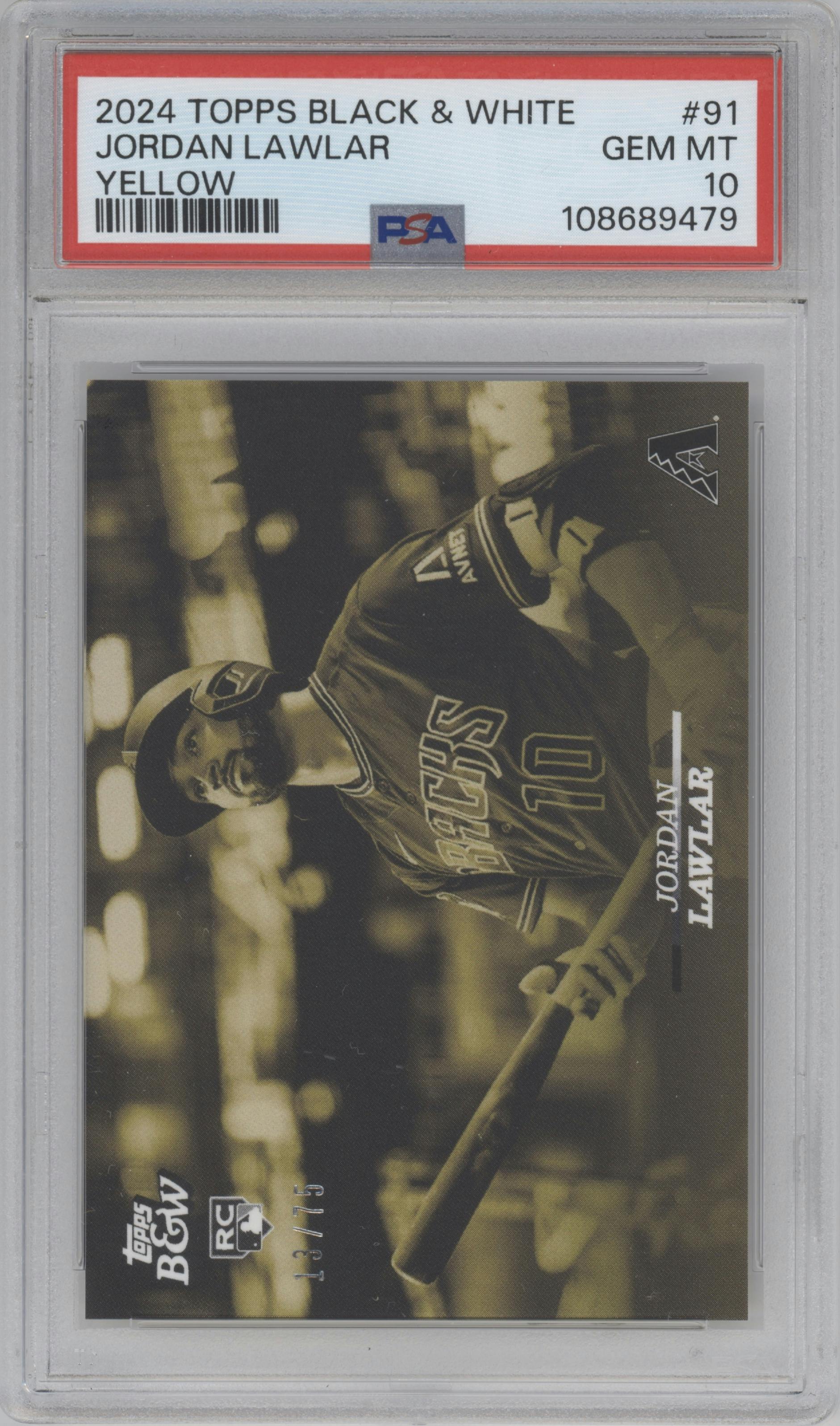 Jordan Lawlar from the 2024 Topps Black & White set featuring a Yellow parallel graded by PSA and given an overall grade of 10.