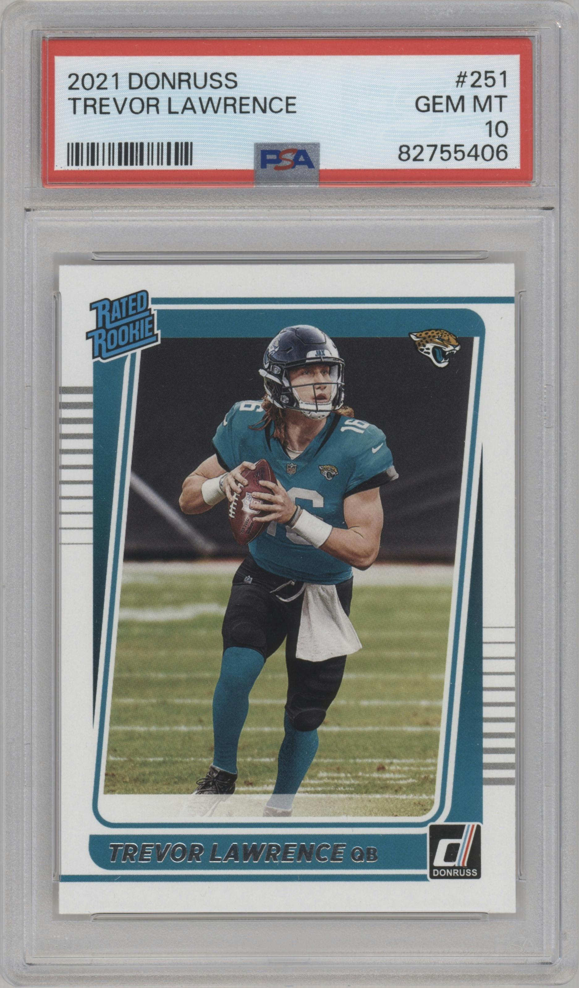 Trevor Lawrence from the 2021 Panini Donruss set graded by PSA and given an overall grade of 10.