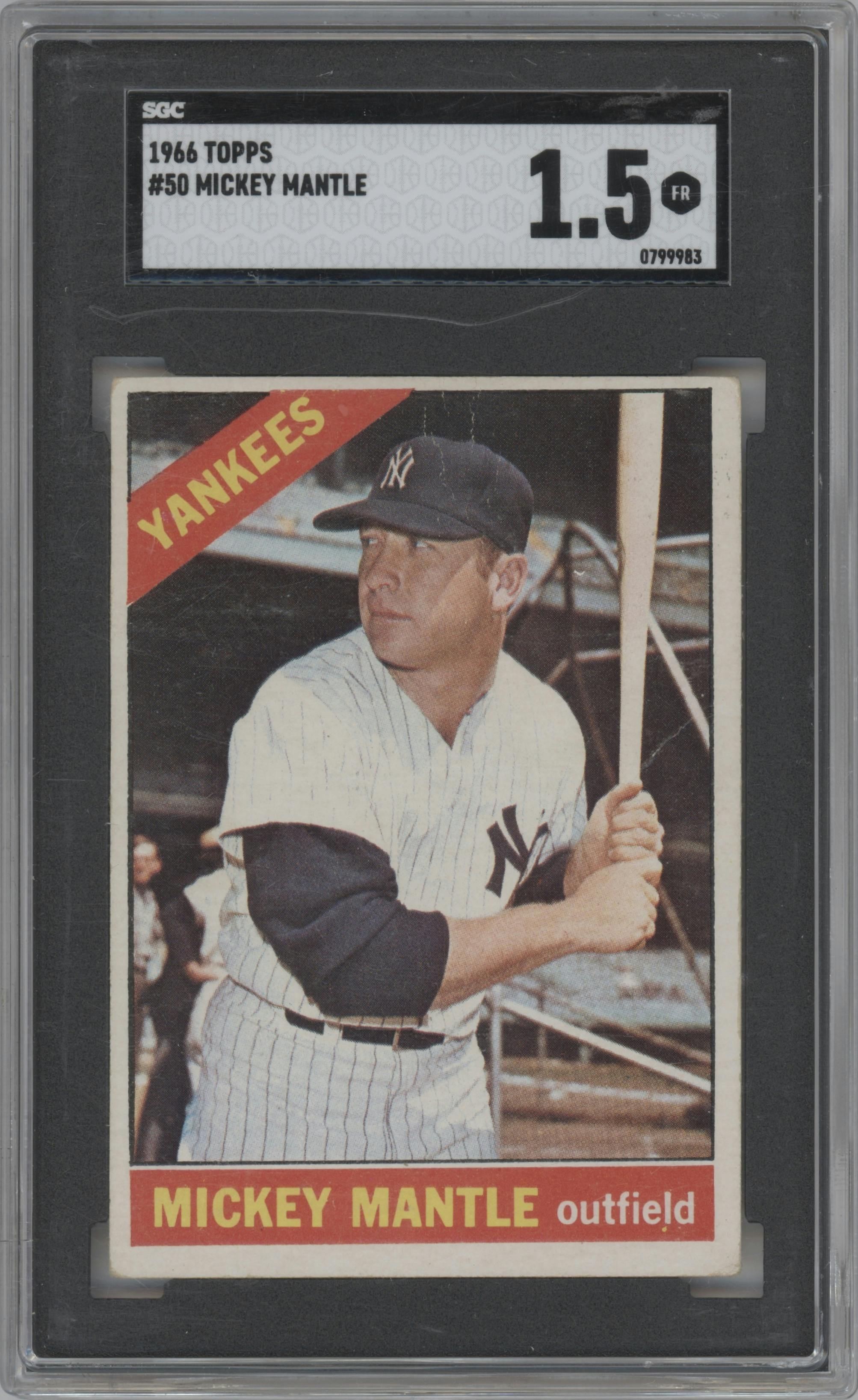 Mickey Mantle from the 1966 Topps set graded by SGC and given an overall grade of 1.5.