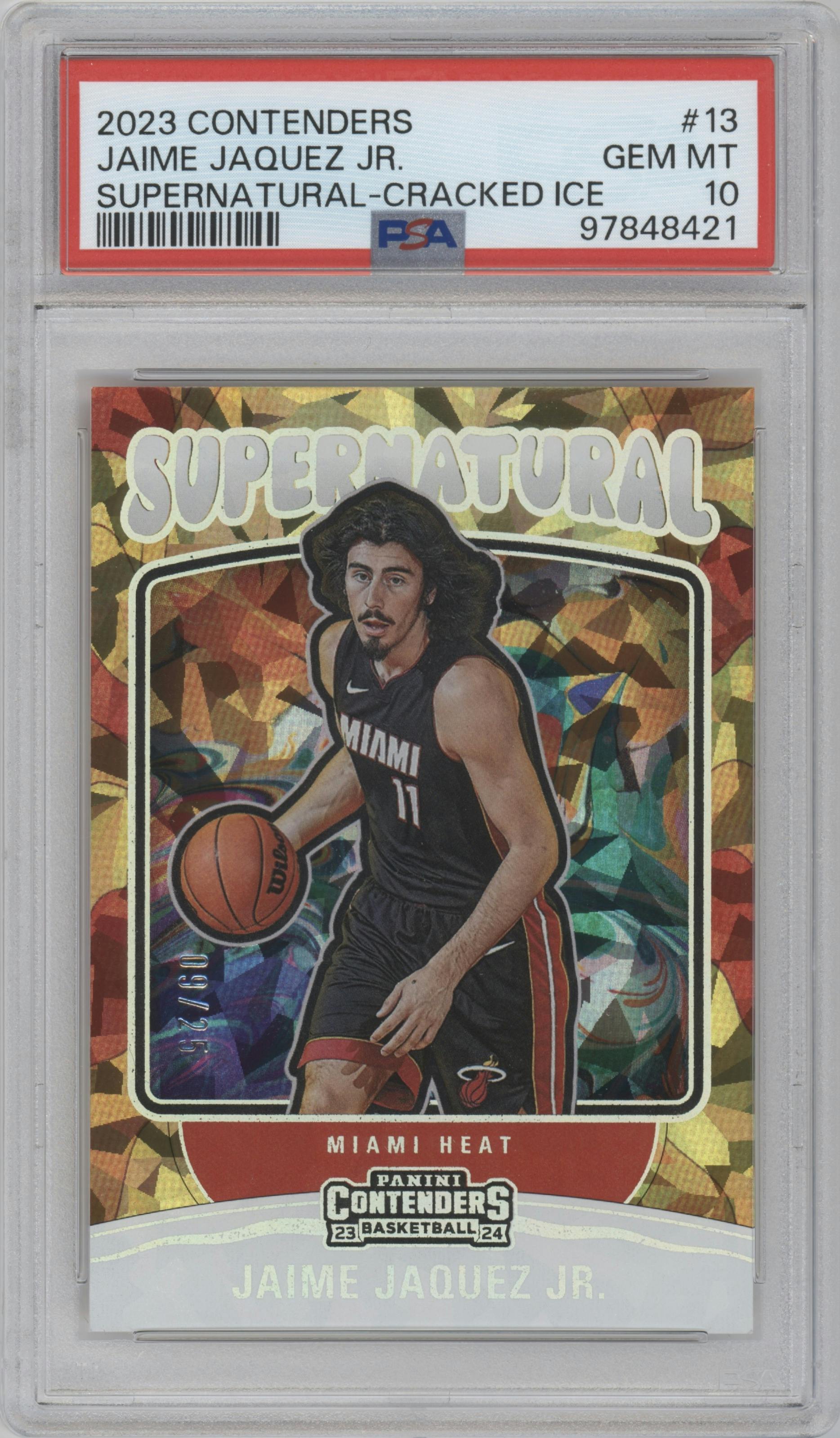 Jaime Jaquez Jr. from the 2023-24 Panini Contenders set featuring a Cracked Ice parallel graded by PSA and given an overall grade of 10.