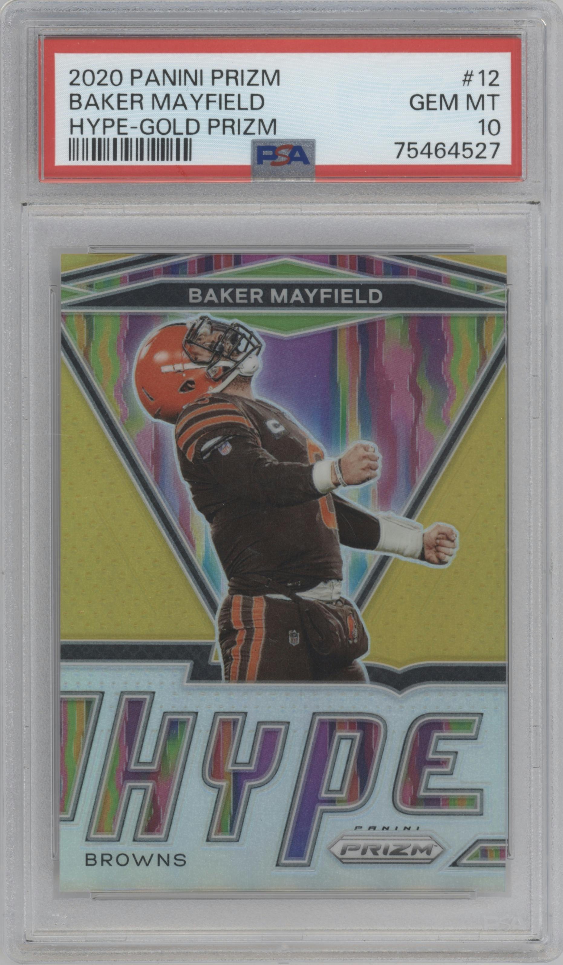 Baker Mayfield from the 2020 Panini Prizm set featuring a  Gold Prizm parallel graded by PSA and given an overall grade of 10.