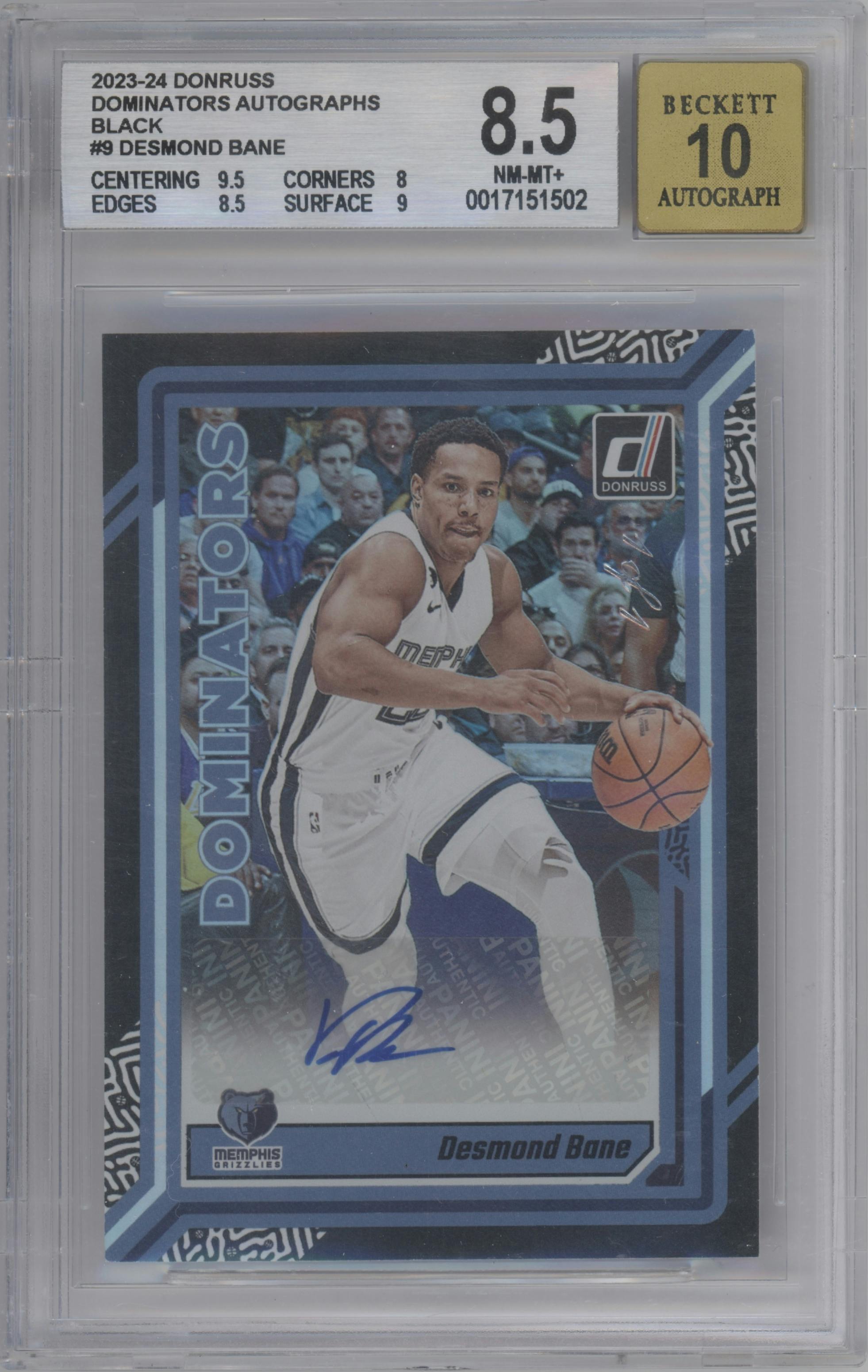 Desmond Bane from the 2023-24 Panini Donruss set featuring a Black  parallel graded by Beckett and given an overall grade of 8.5.