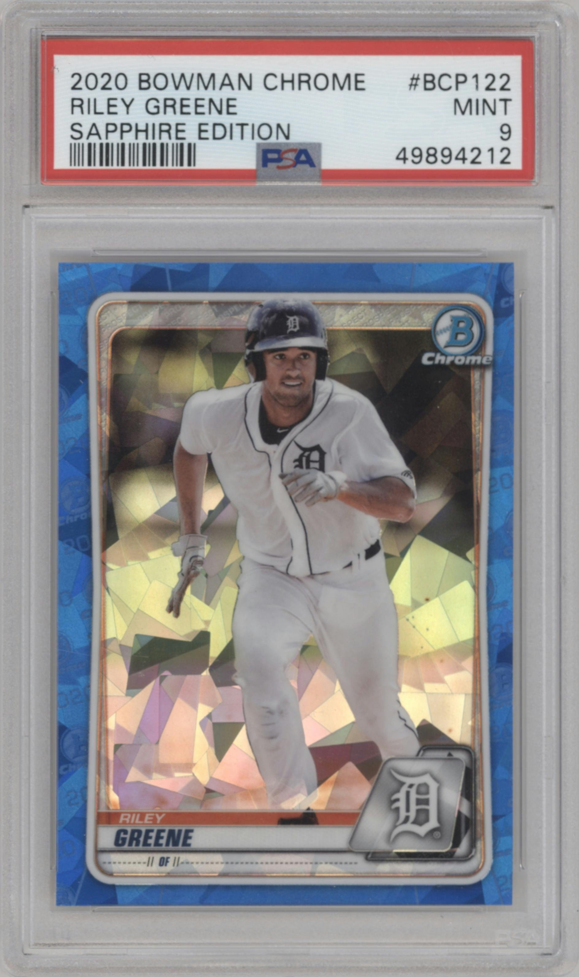 Riley Greene from the 2020 Bowman Sapphire Edition set graded by PSA and given an overall grade of 9.