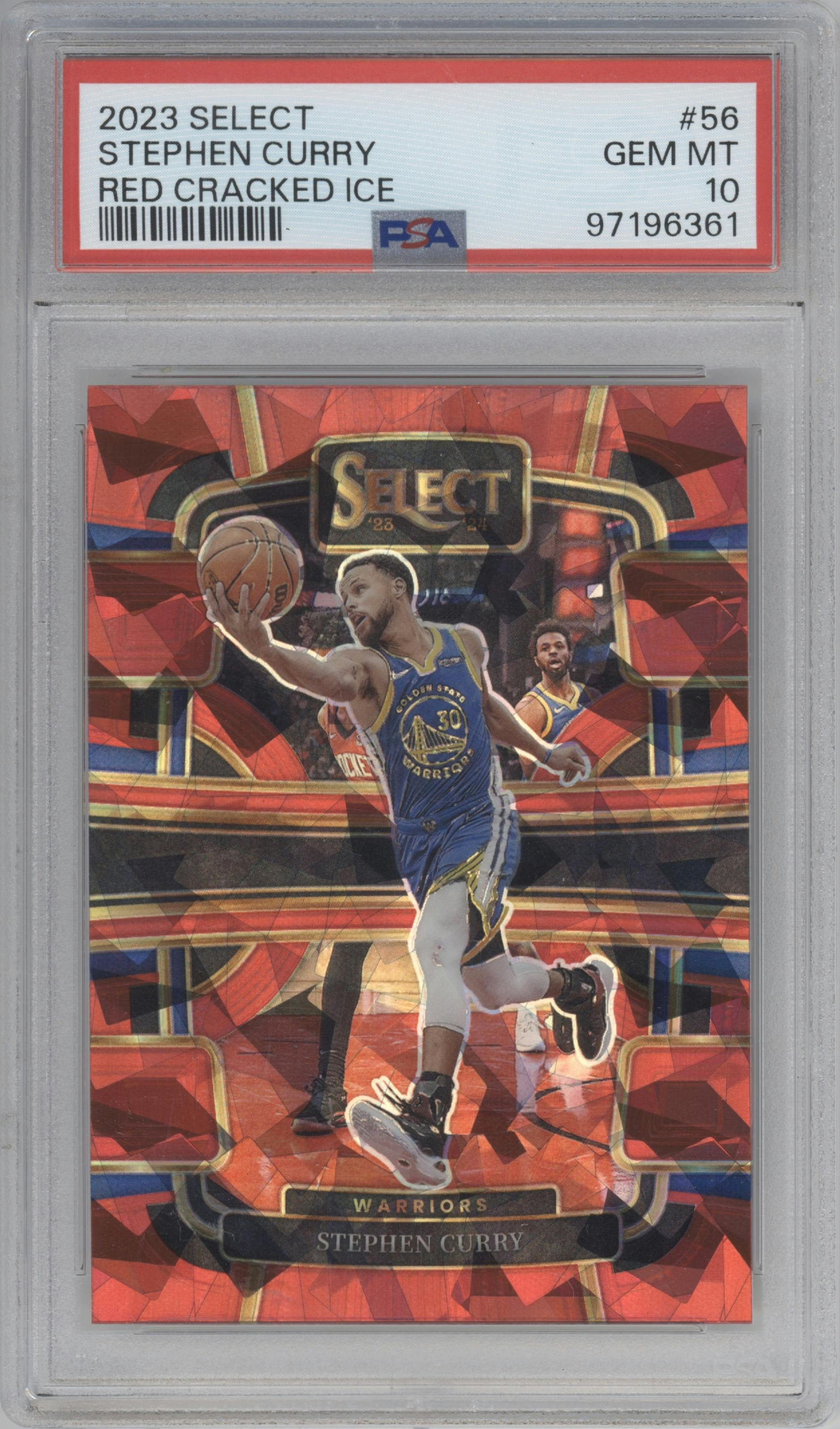 Stephen Curry from the 2023-24 Panini Select  set featuring a Red Cracked Ice parallel graded by PSA and given an overall grade of 10.