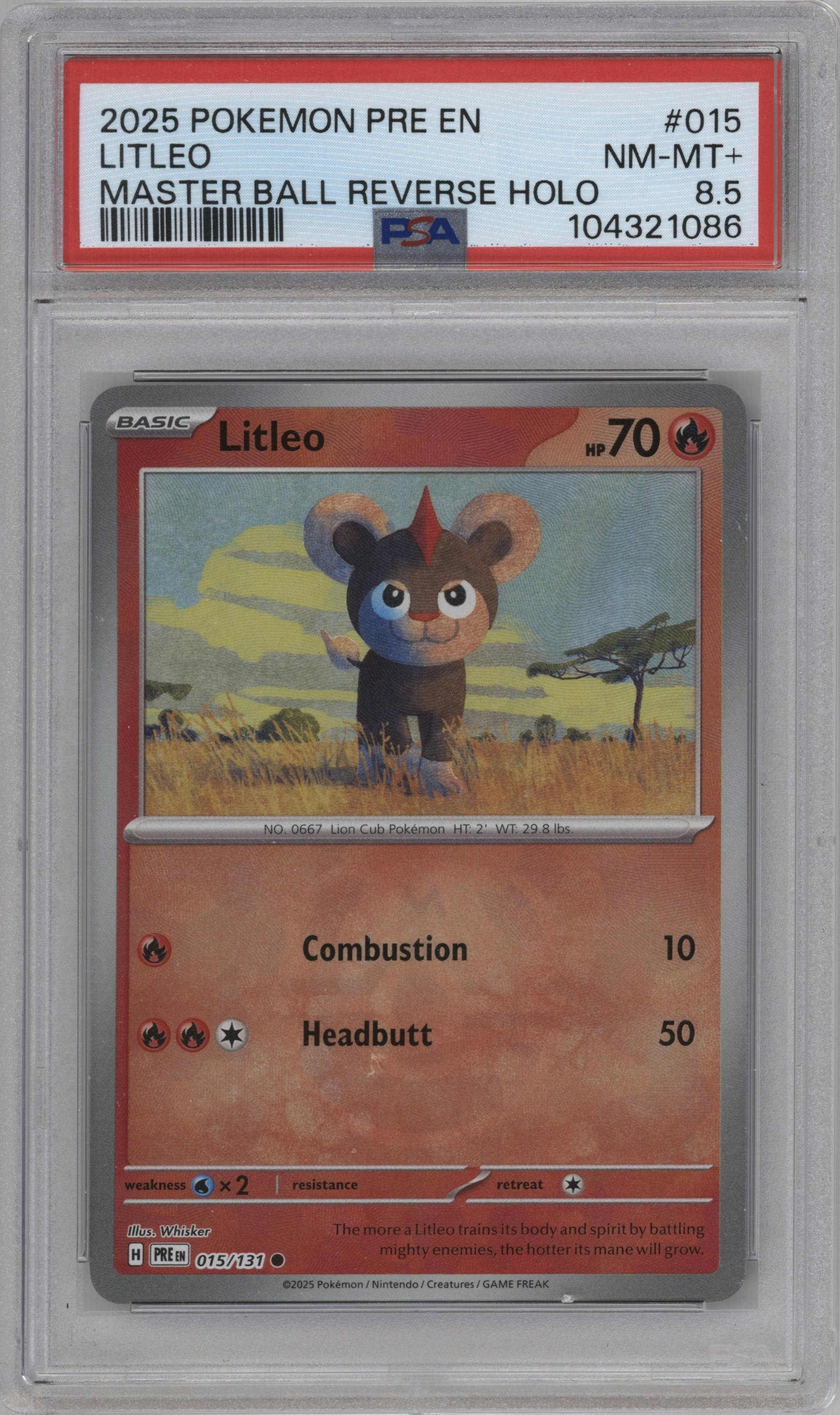Litleo from the 2025 Pokemon SV set featuring a Master Ball parallel graded by PSA and given an overall grade of 8.5.