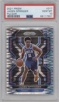 Jaden Springer from the 2021-22 Panini Prizm  set featuring a Pulsar parallel graded by PSA and given an overall grade of 10.