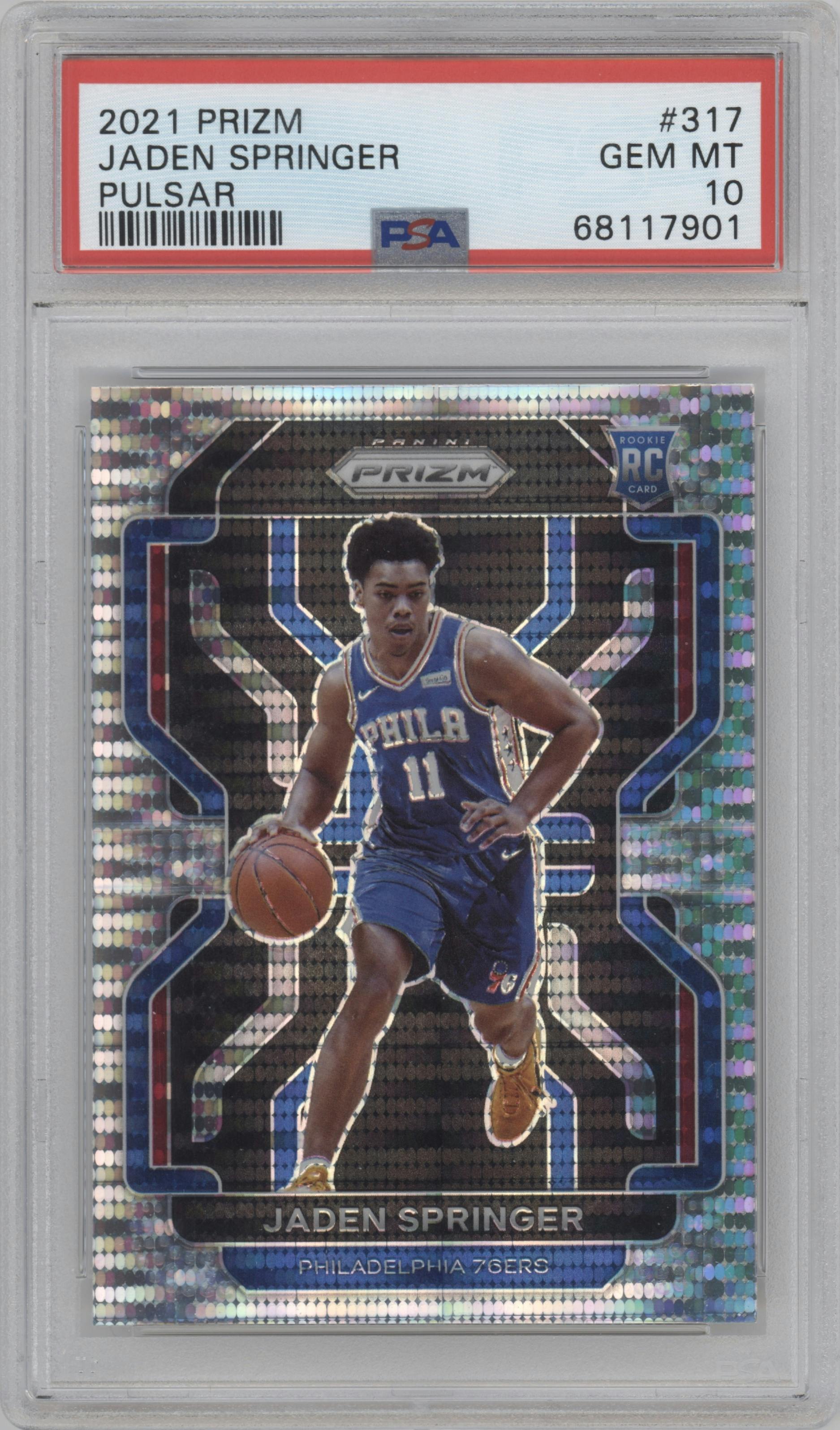 Jaden Springer from the 2021-22 Panini Prizm  set featuring a Pulsar parallel graded by PSA and given an overall grade of 10.